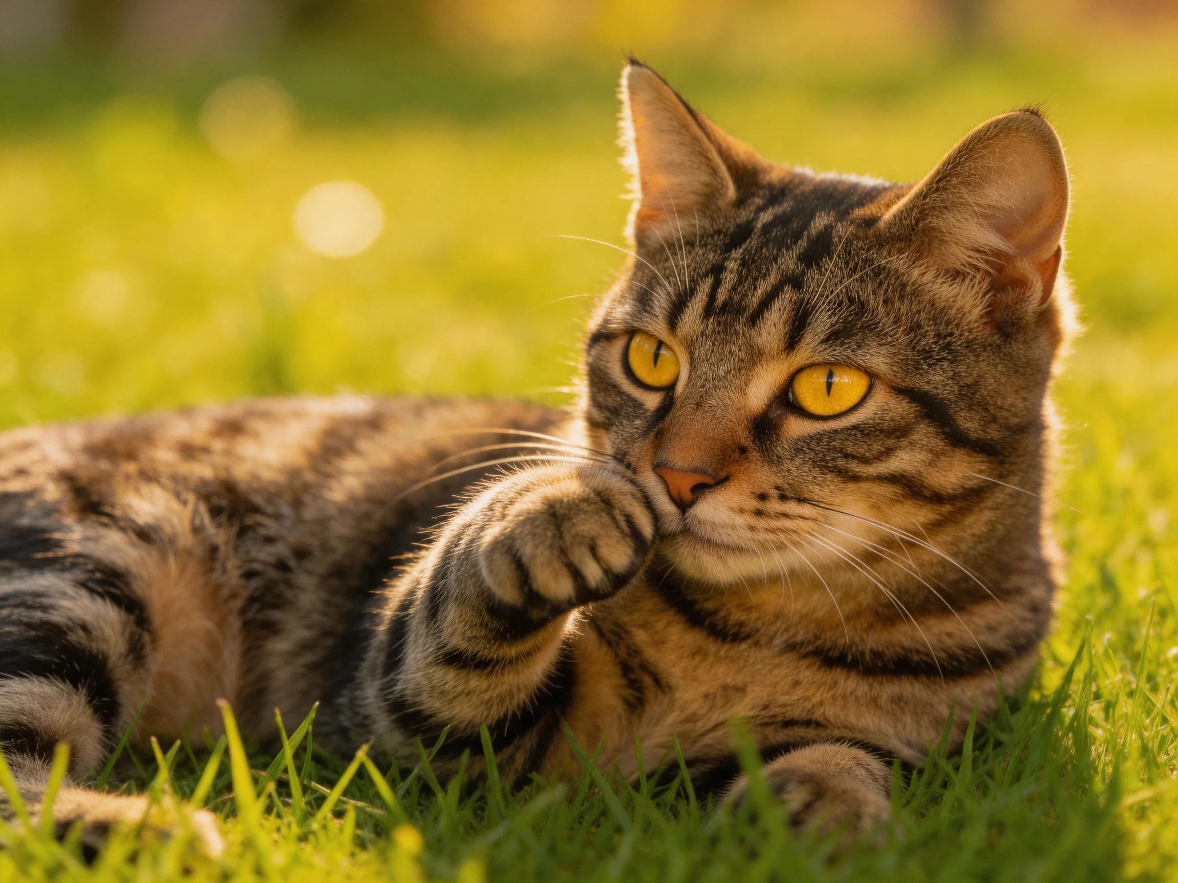 A brown tabby cat with yellow eyes relaxes on green grass in a sunlit area