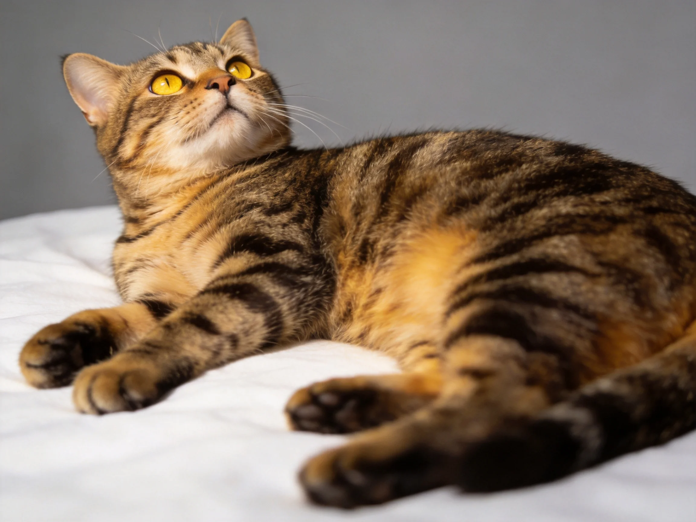 A brown-tabby cat with bright yellow eyes relaxes on a white surface.