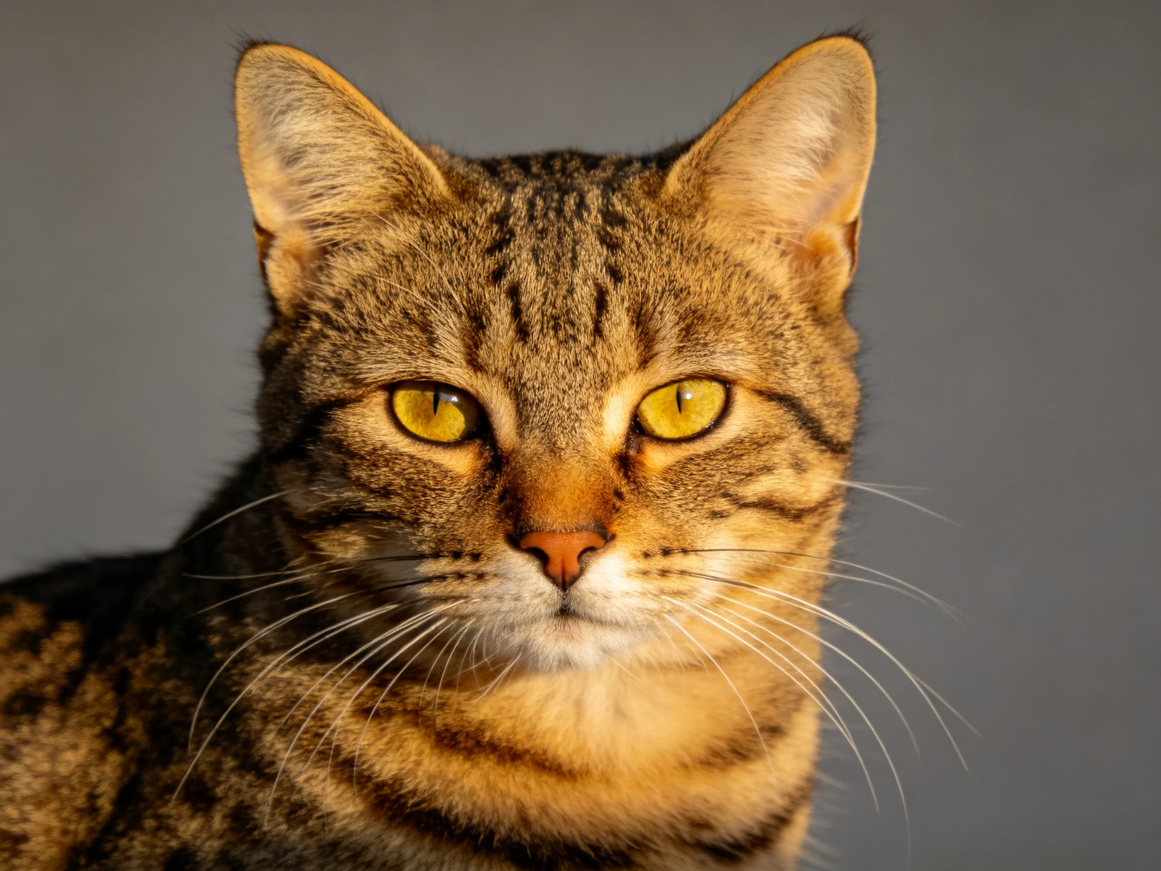 A brown tabby cat with bright yellow eyes stares directly at the viewer.