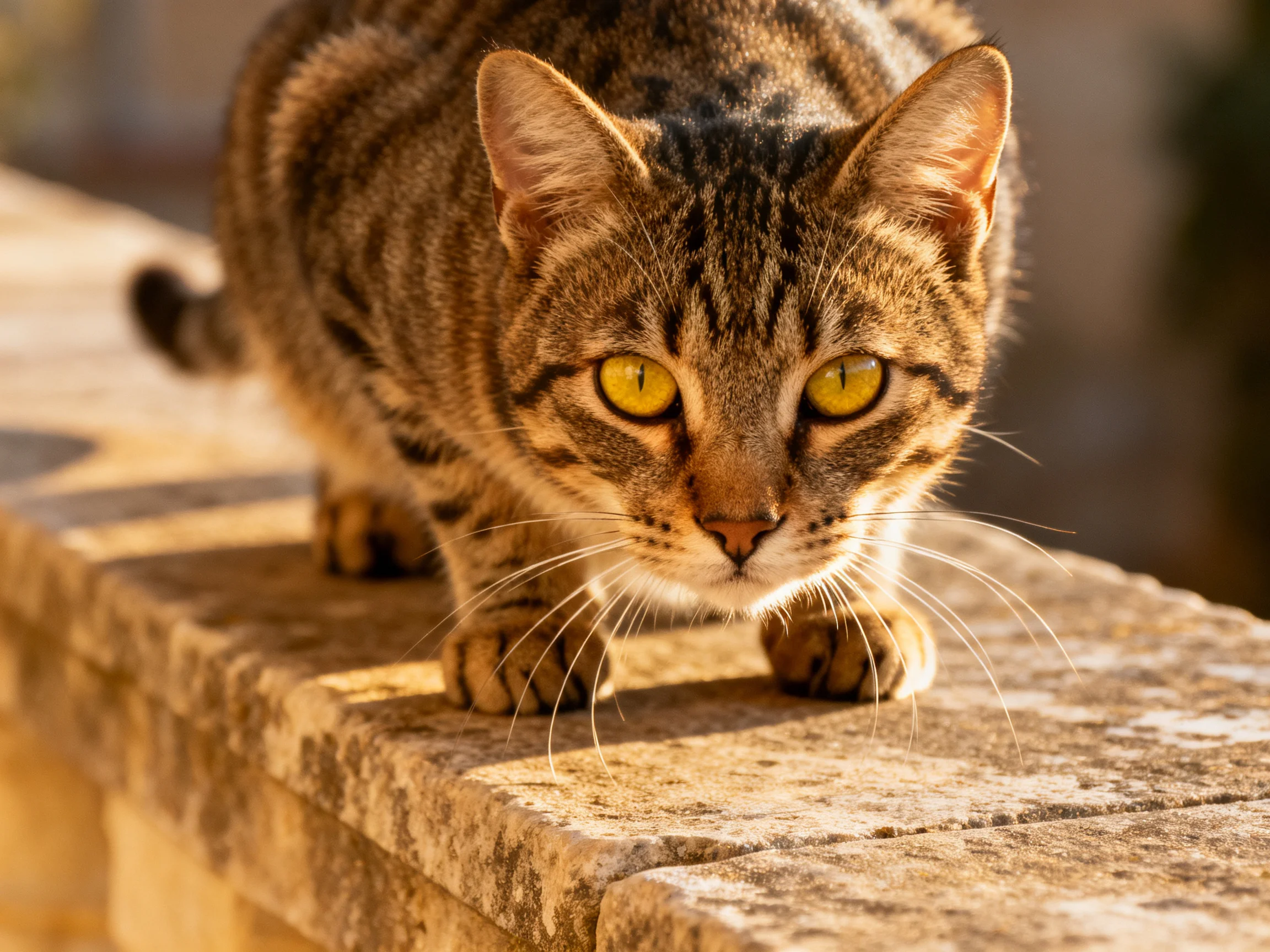 A brown tabby cat with bright yellow eyes explores a weathered stone ledge.