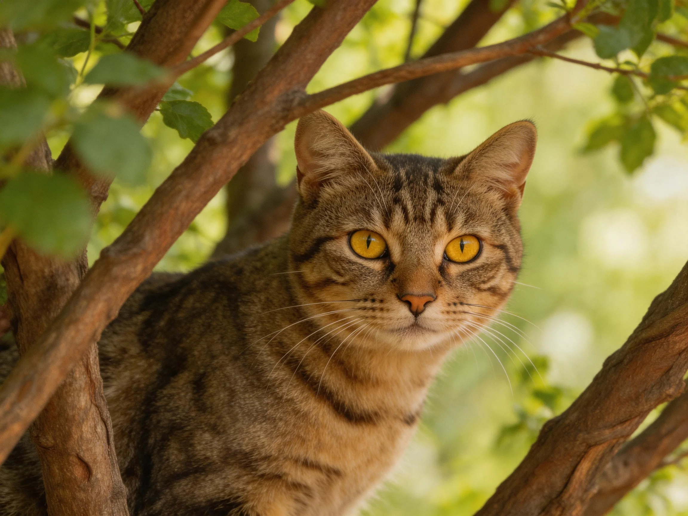 A brown tabby cat with yellow eyes is nestled among tree branches in a sunlit area.