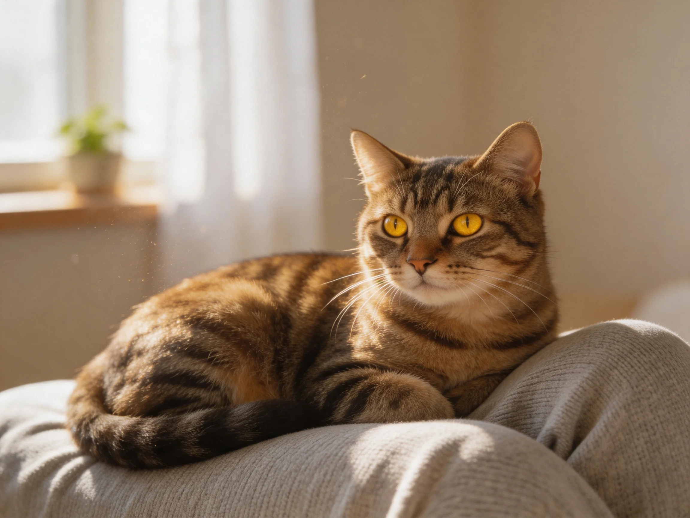 A brown tabby cat with yellow eyes relaxes on a gray cushion in sunlight.