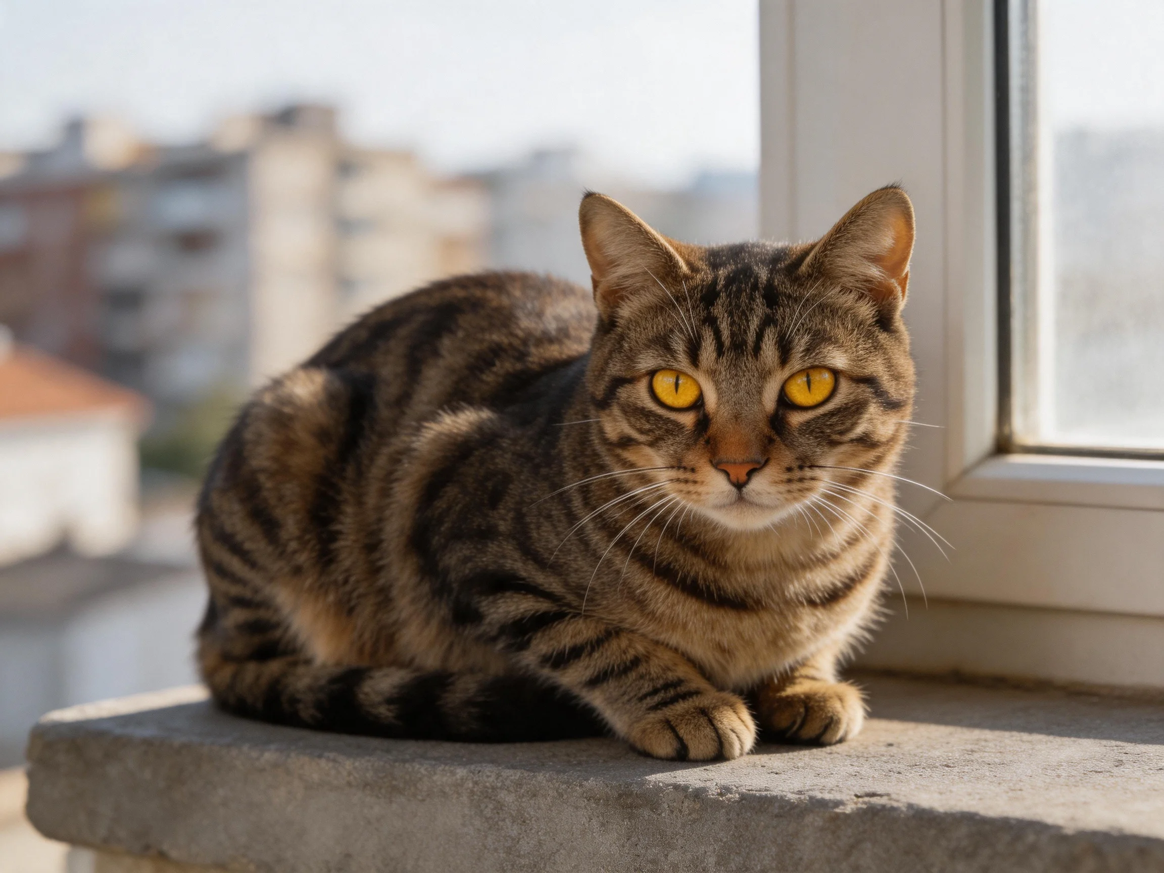 A brown tabby cat with yellow eyes rests near a window overlooking buildings.