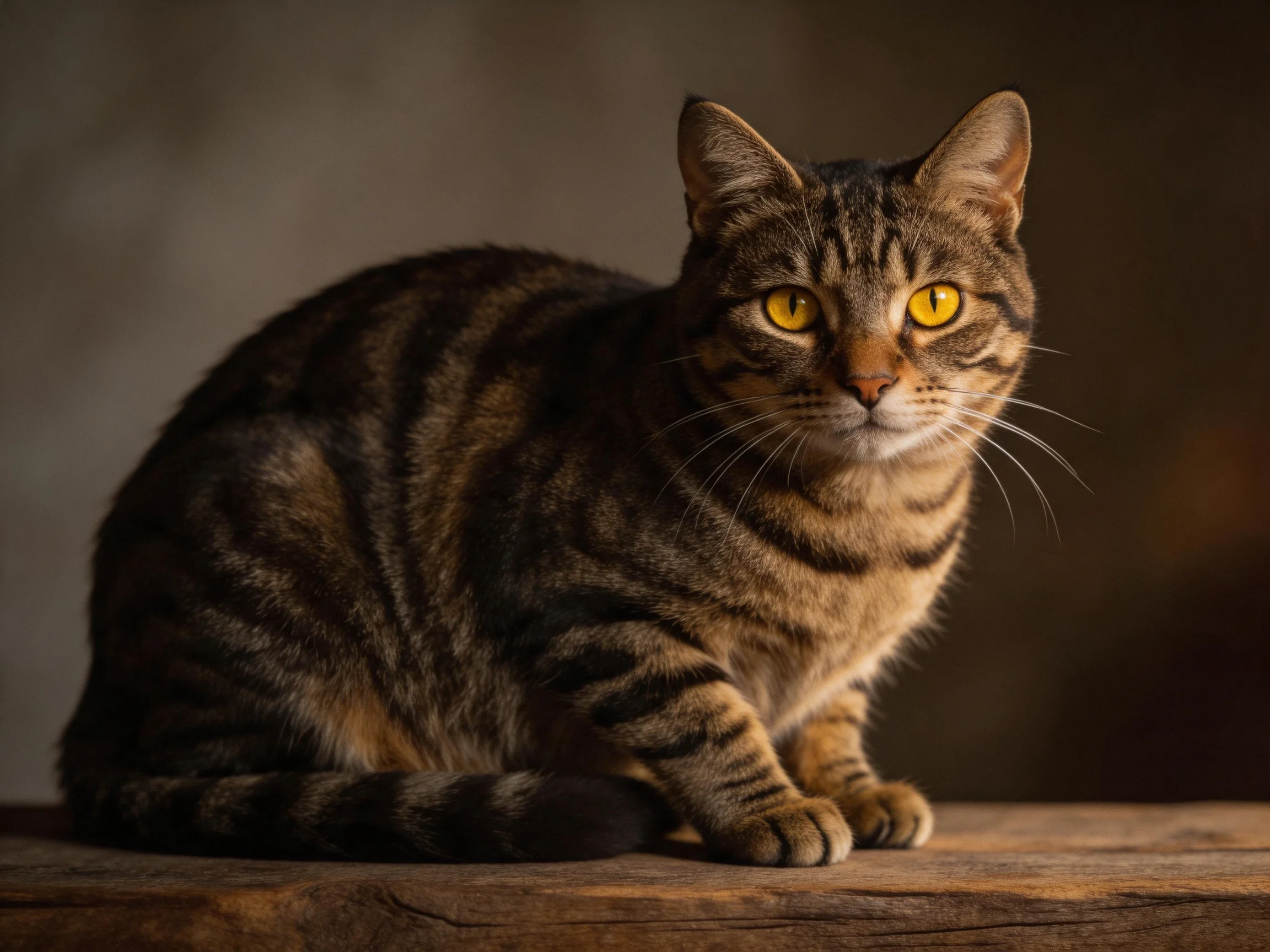 A brown tabby cat with yellow eyes sits on wood