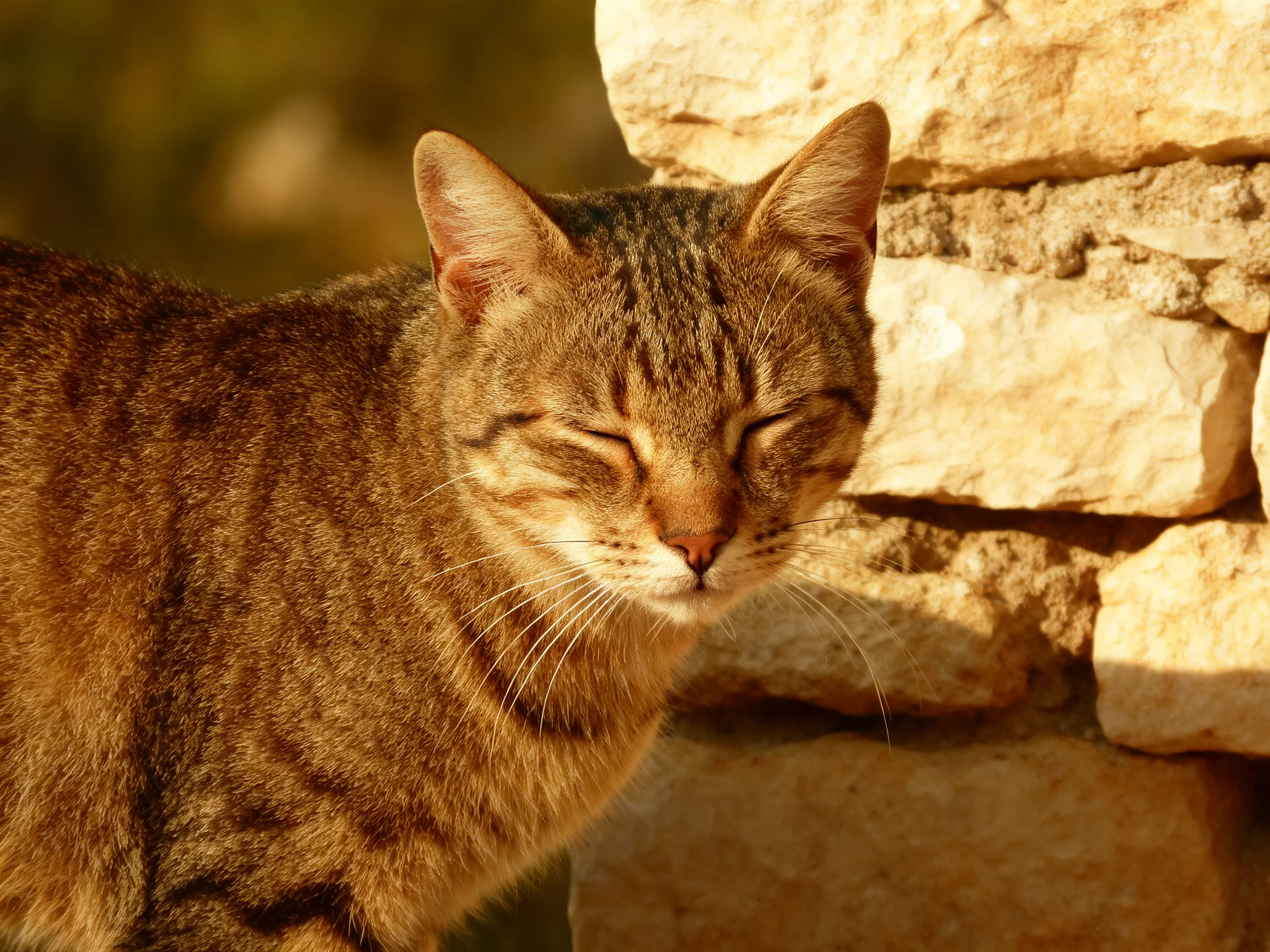 A brown tabby cat with closed eyes near a stone wall