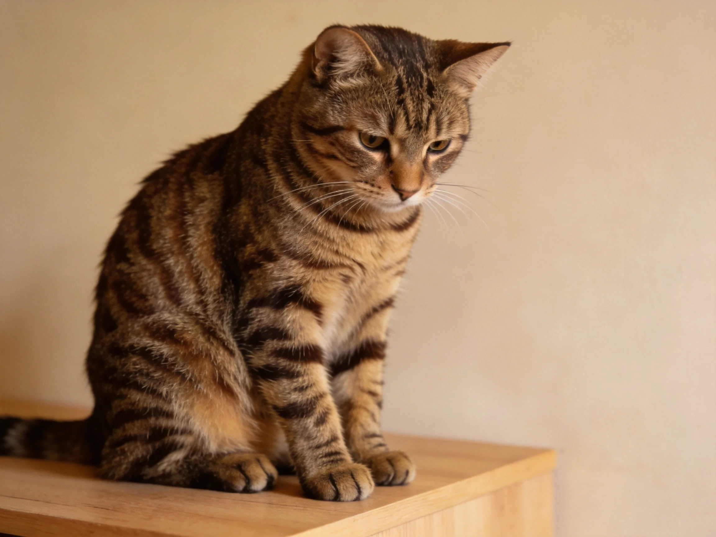 A brown tabby cat with dark stripes sits on a wooden platform