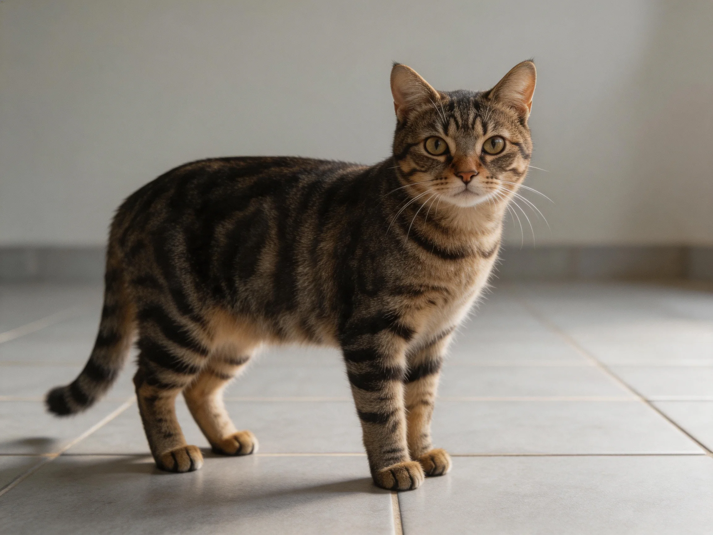 A brown tabby cat with dark stripes stands on tiled flooring