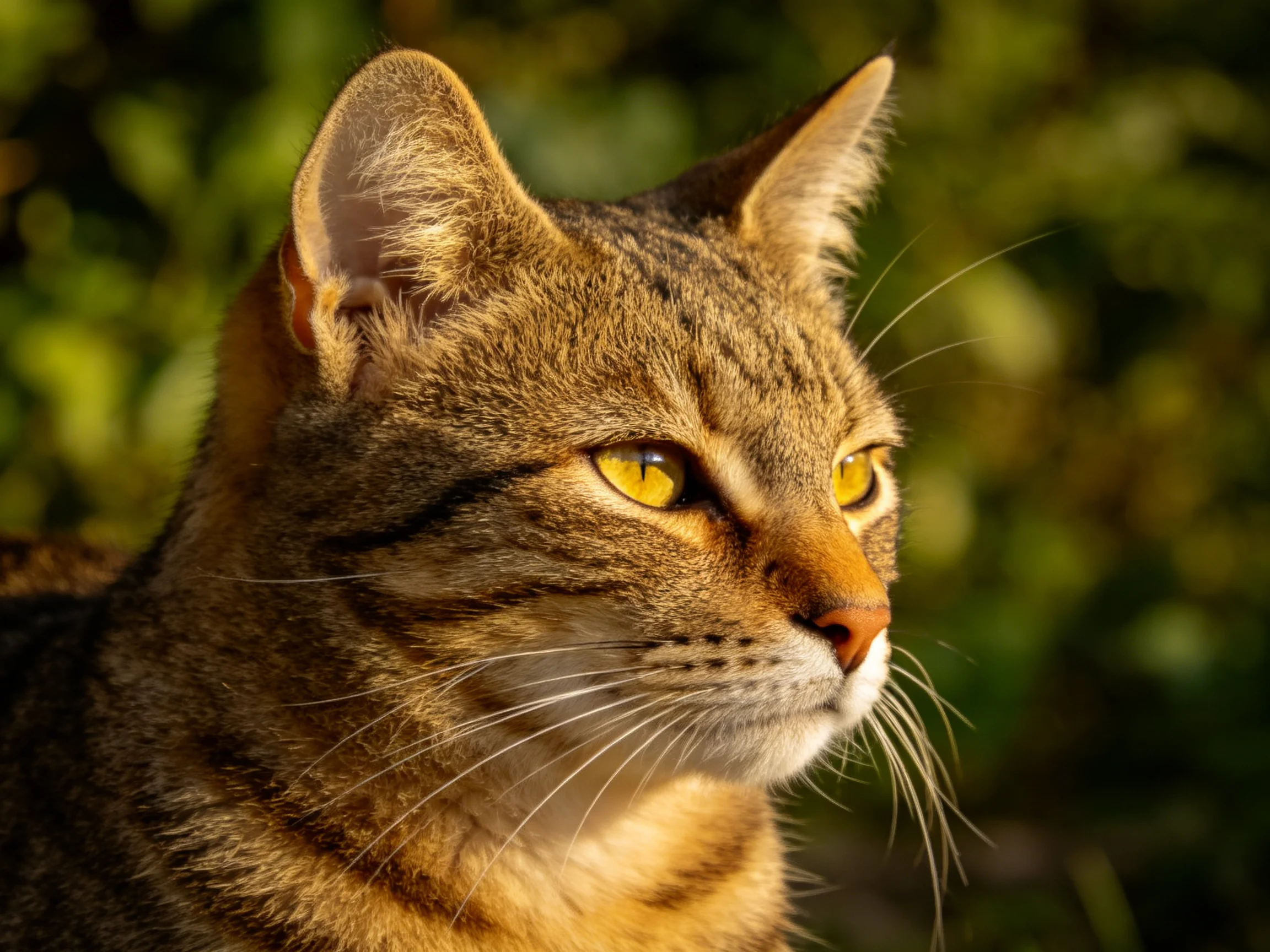 A brown tabby cat gazes thoughtfully in soft sunlight