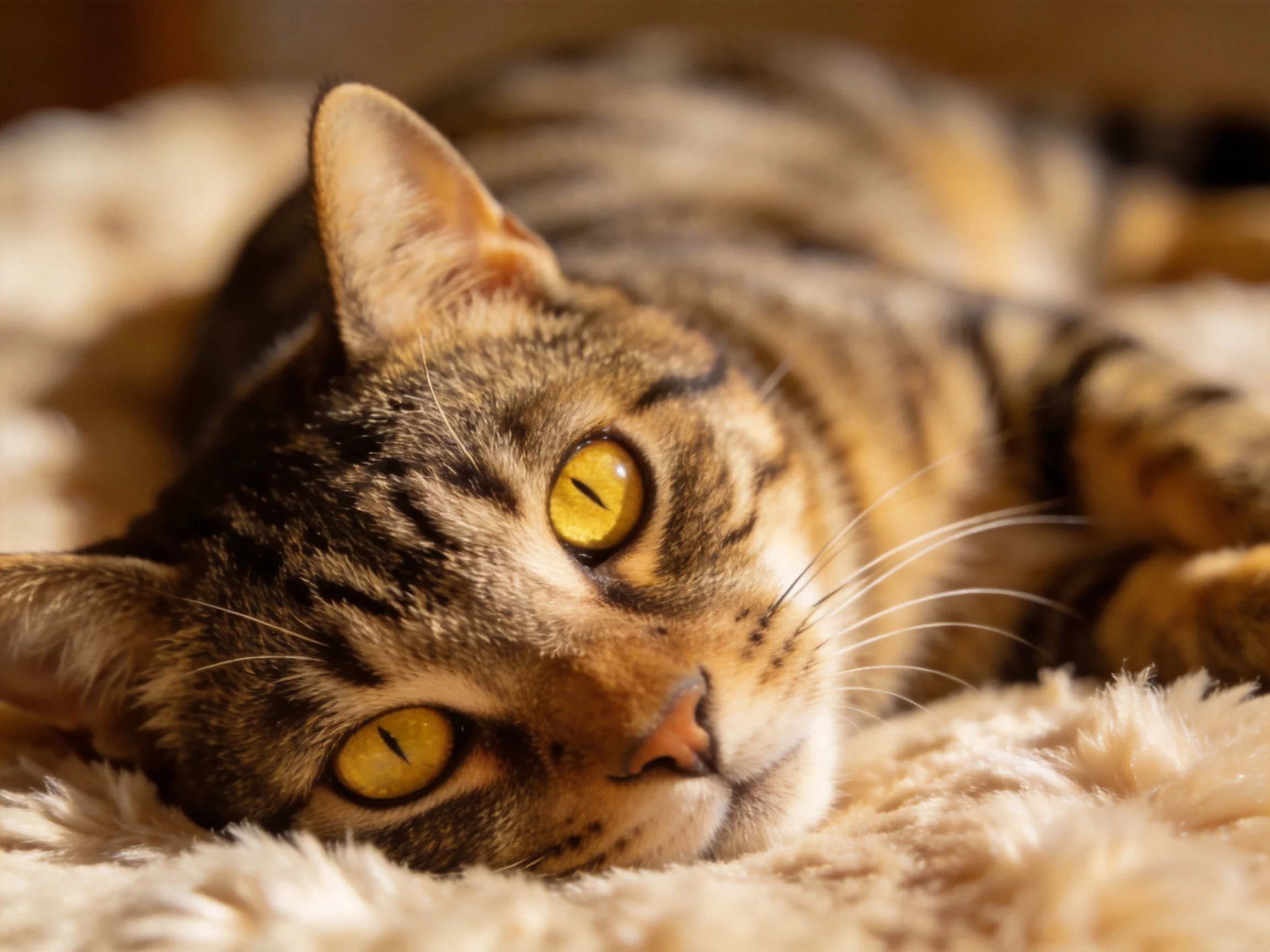A brown tabby cat with golden eyes relaxes on a soft blanket.