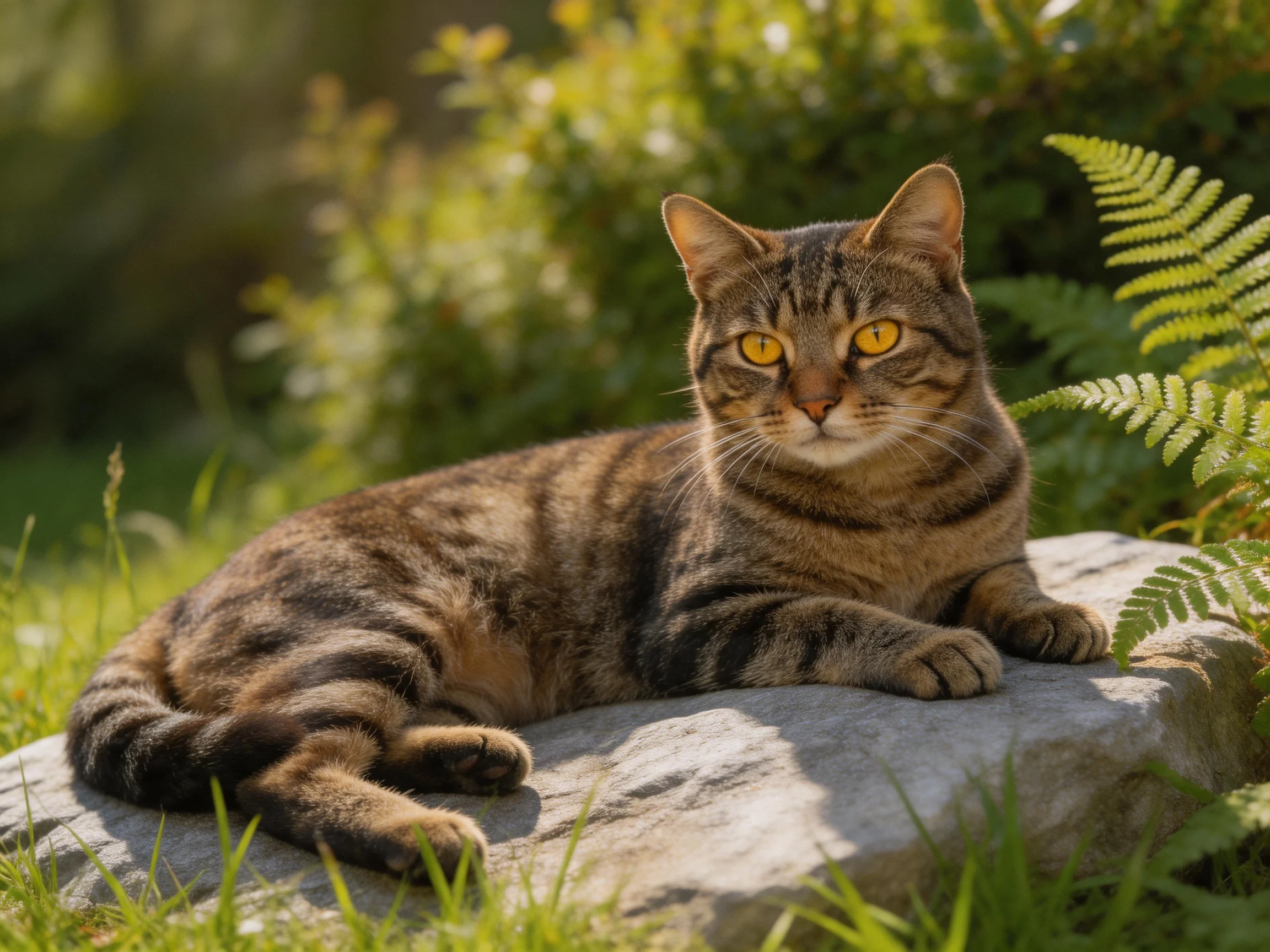 A brown tabby cat with golden eyes relaxes on a stone among greenery.