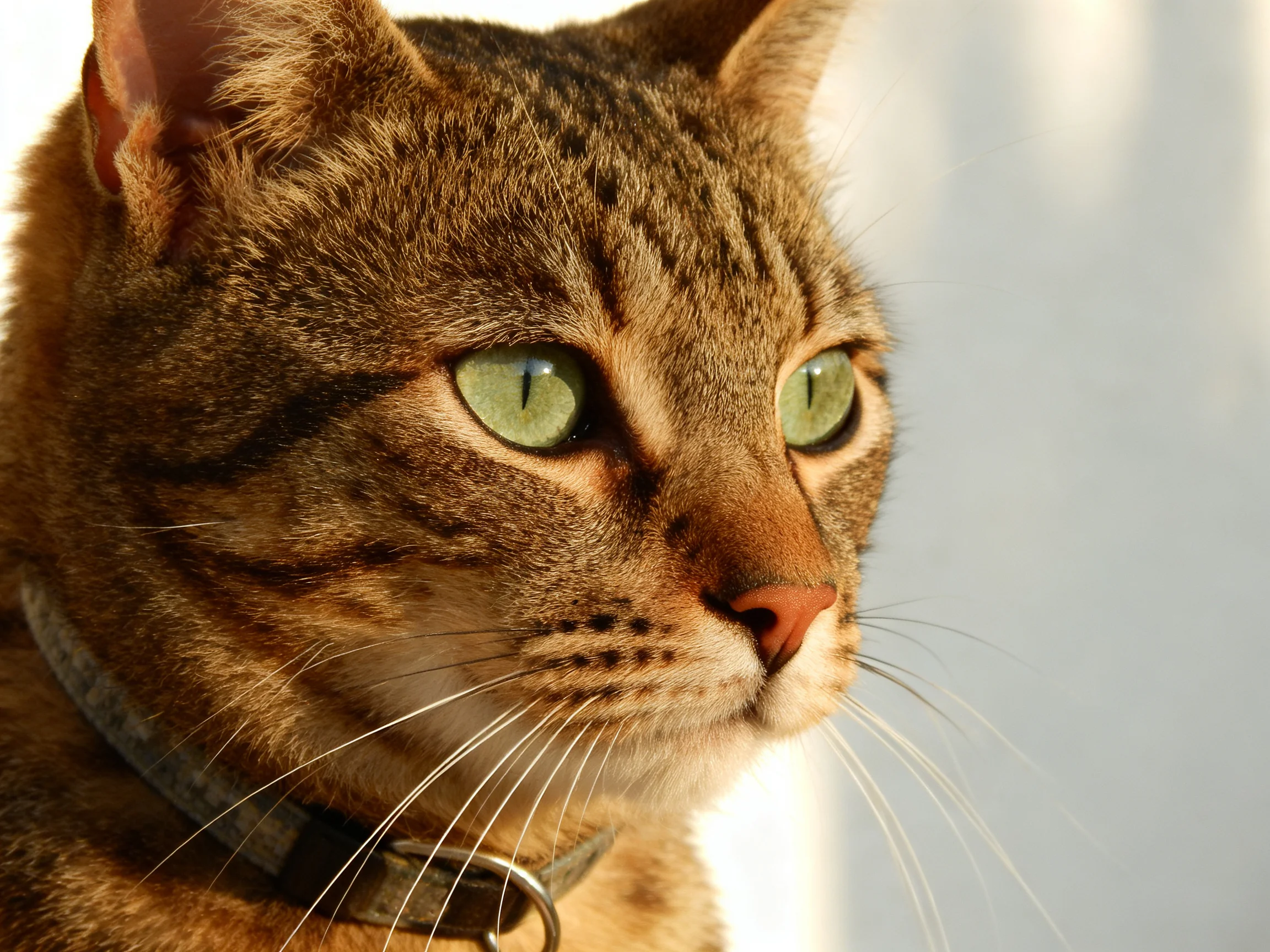 A brown tabby cat with green eyes and a collar is shown in a close - up photograph.