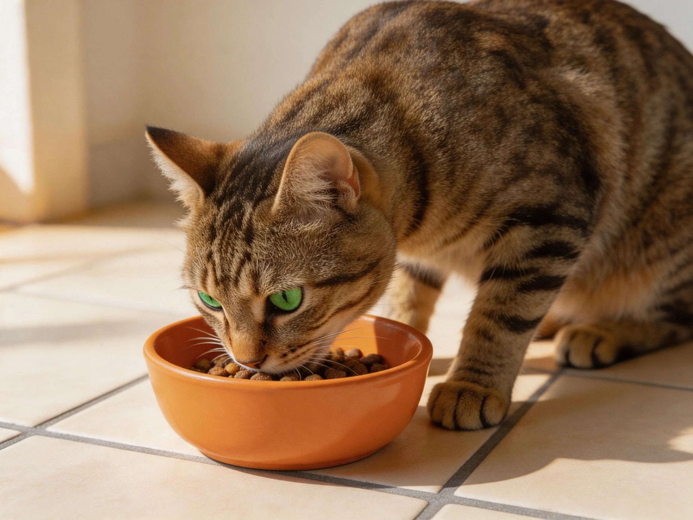A tabby cat with green eyes eats from an orange bowl on tiled flooring.