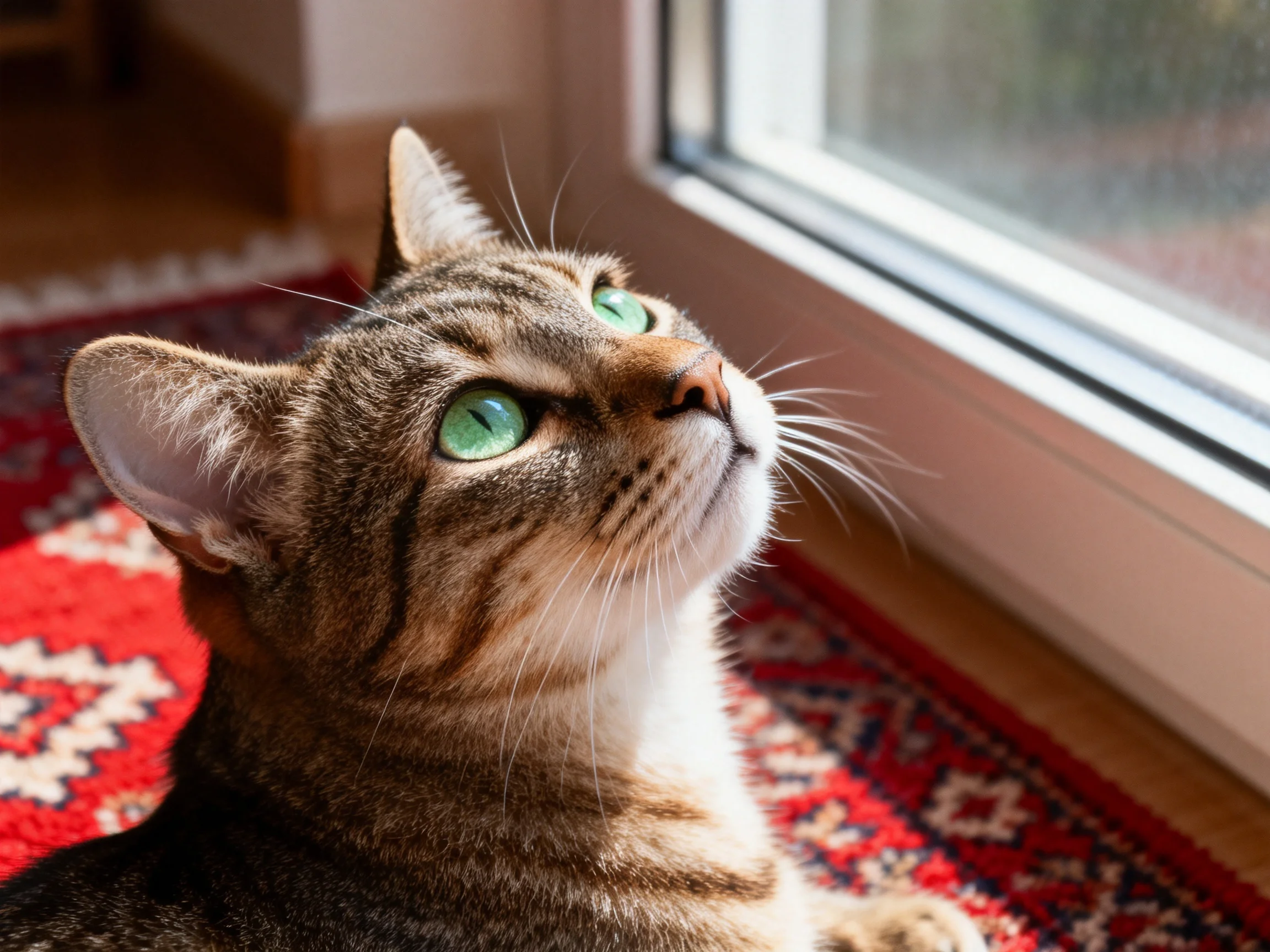 A brown tabby cat with green eyes gazes toward a sunlit window.