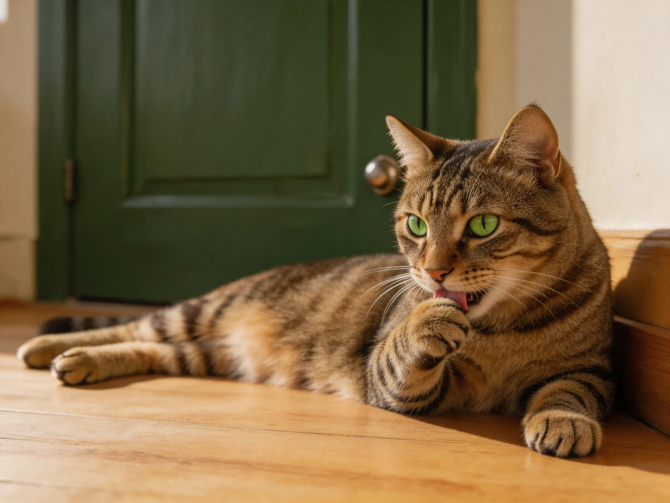 A brown tabby cat grooms itself beside a green door.