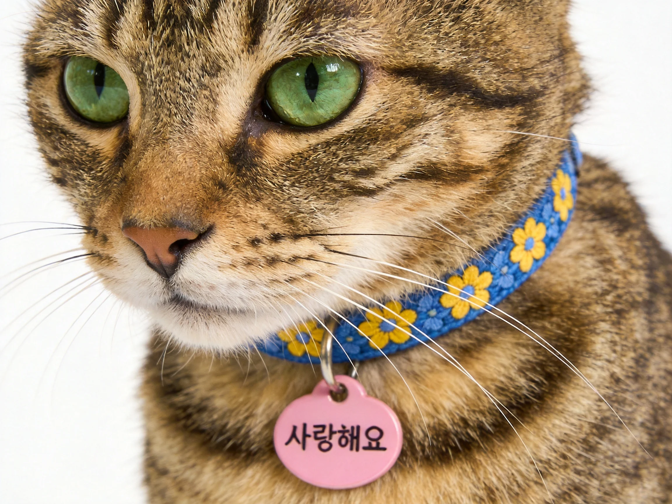 A brown tabby cat with green eyes wears a blue floral collar and pink tag.