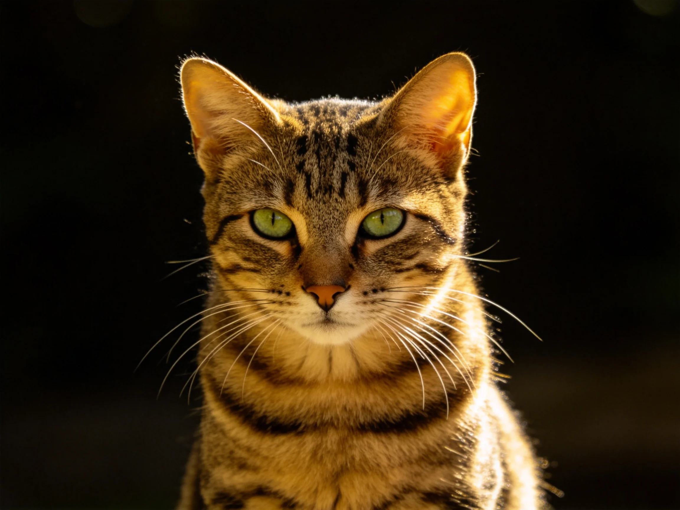A brown tabby cat with green eyes stands out against a dark background.