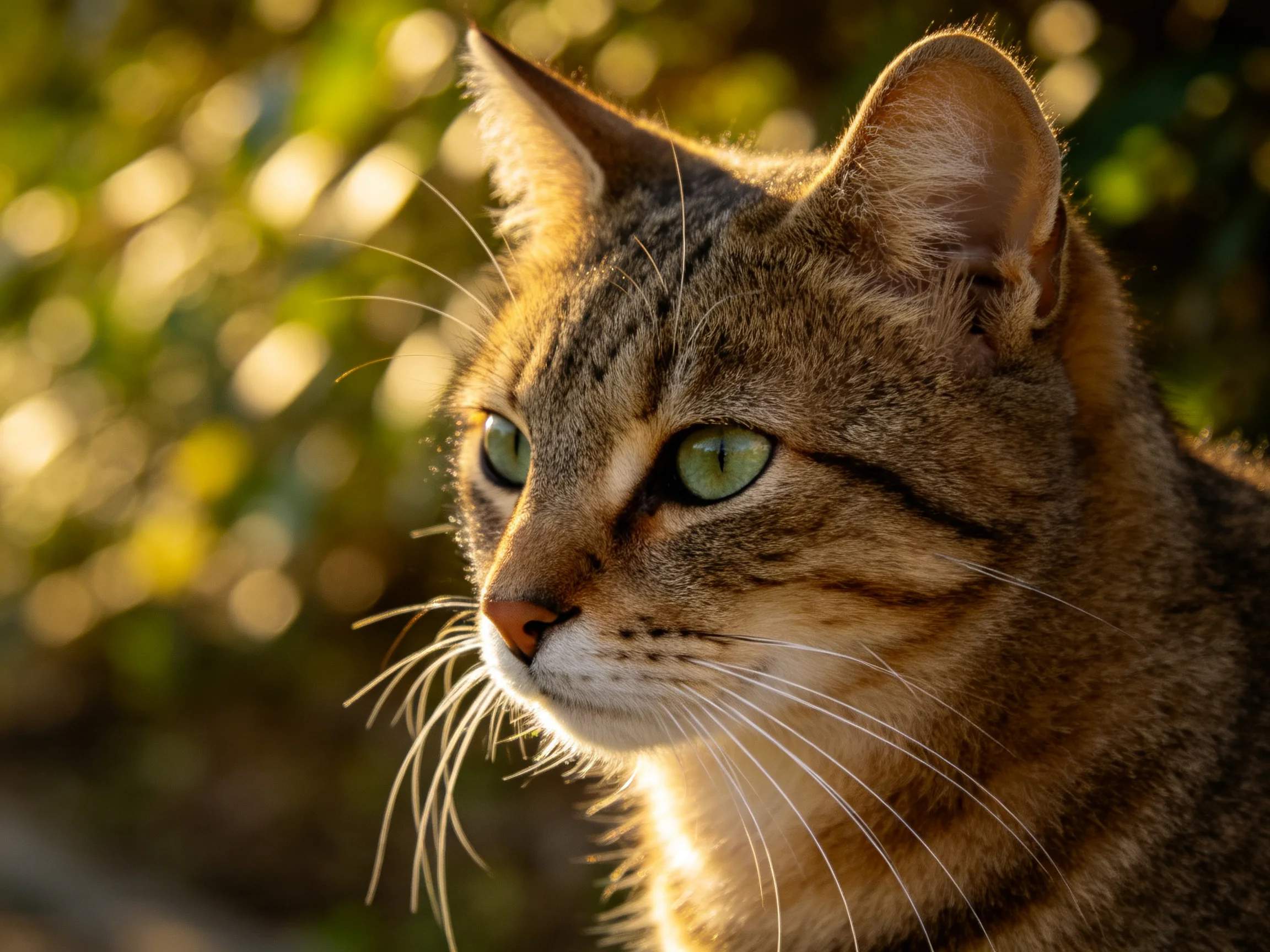 A brown tabby cat with green eyes is in a sunlit outdoor setting with bokeh.
