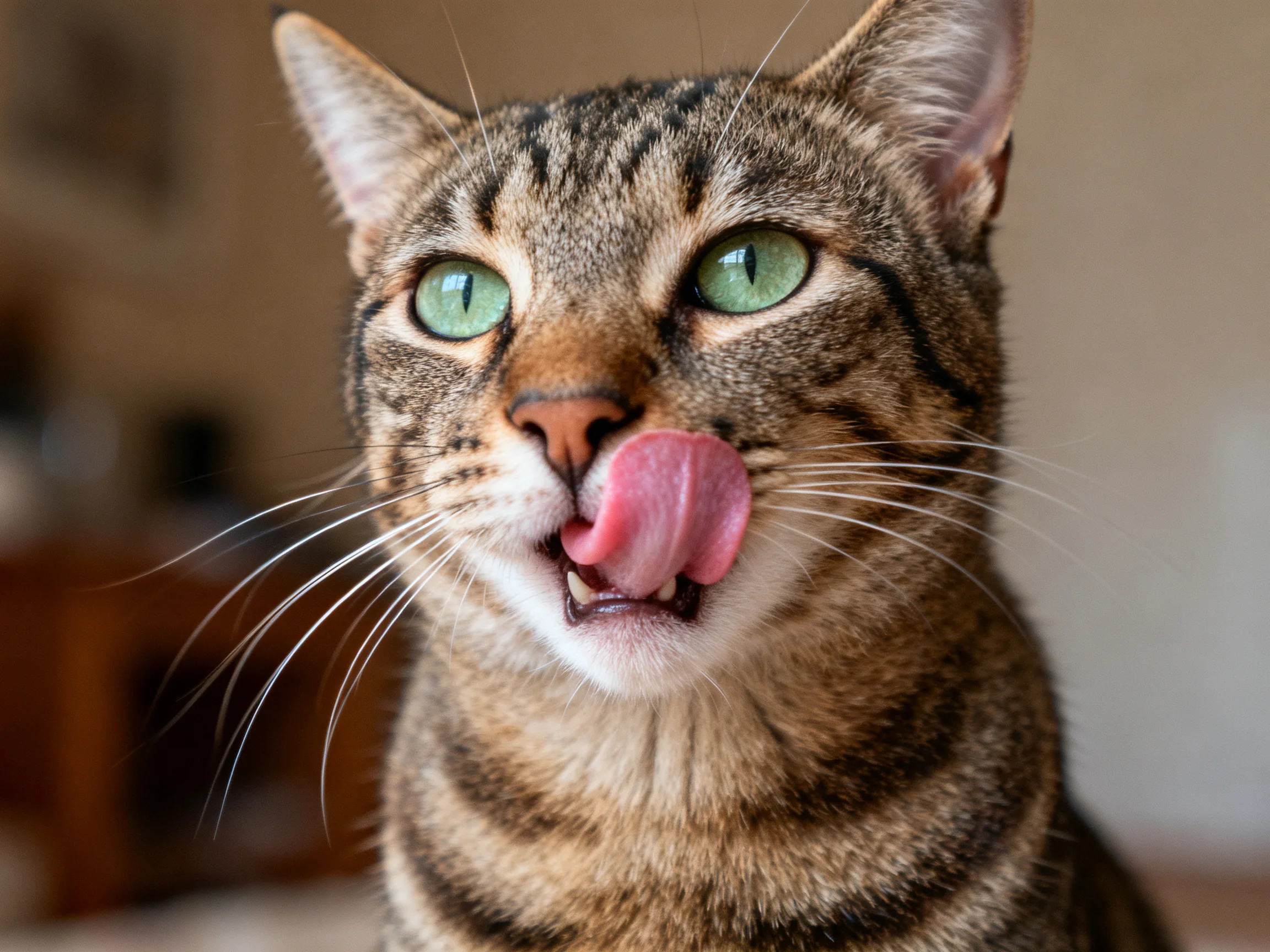 A brown tabby cat with green eyes licks itself indoors.