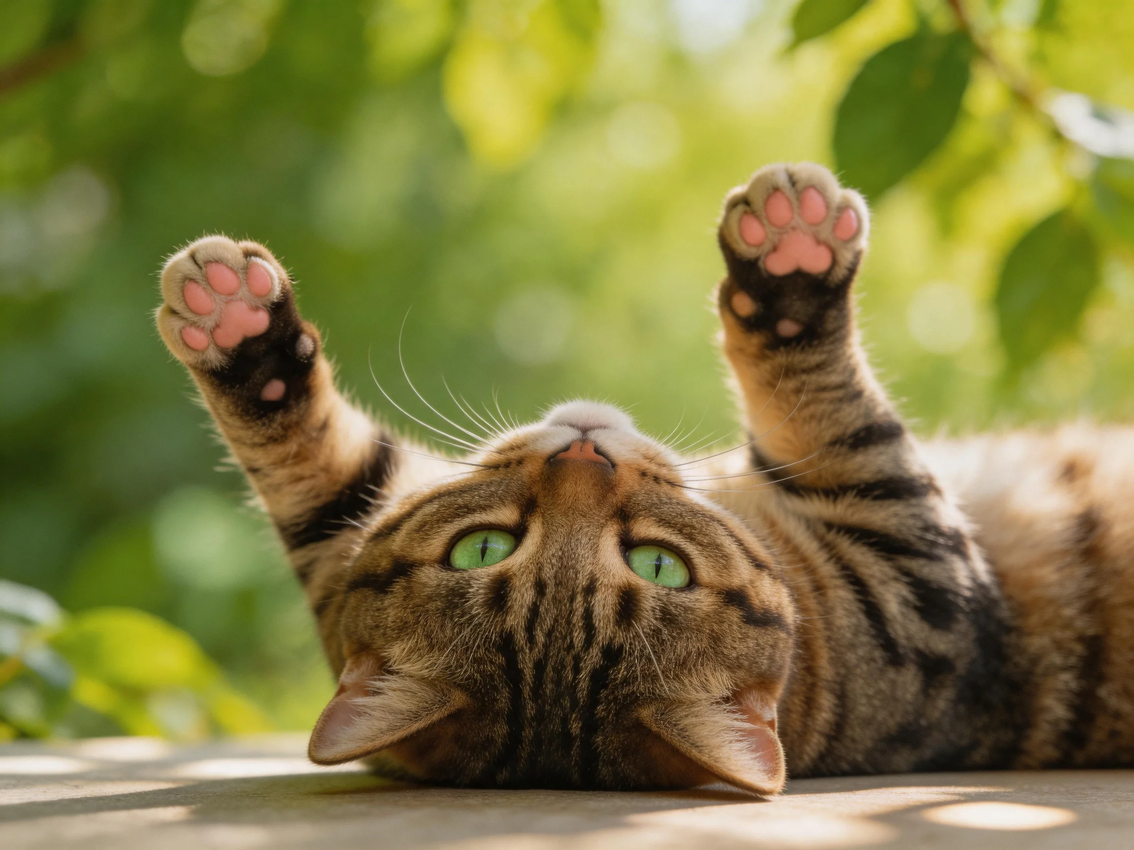 A brown tabby cat with green eyes lies upside down in a sunlit outdoor setting