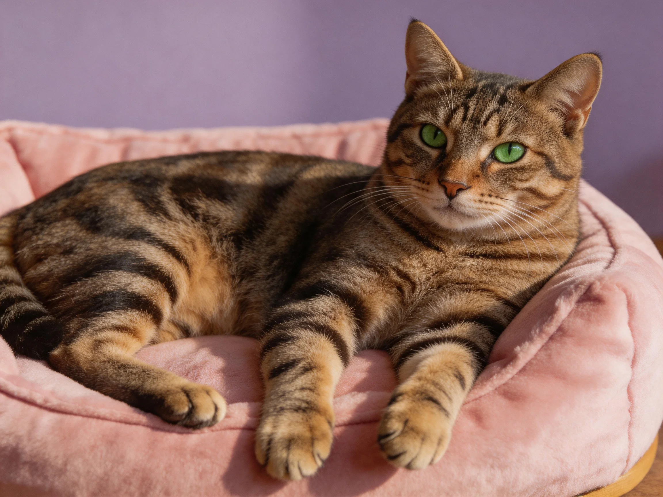 A brown-tabby cat with green eyes relaxes on a soft pink bed