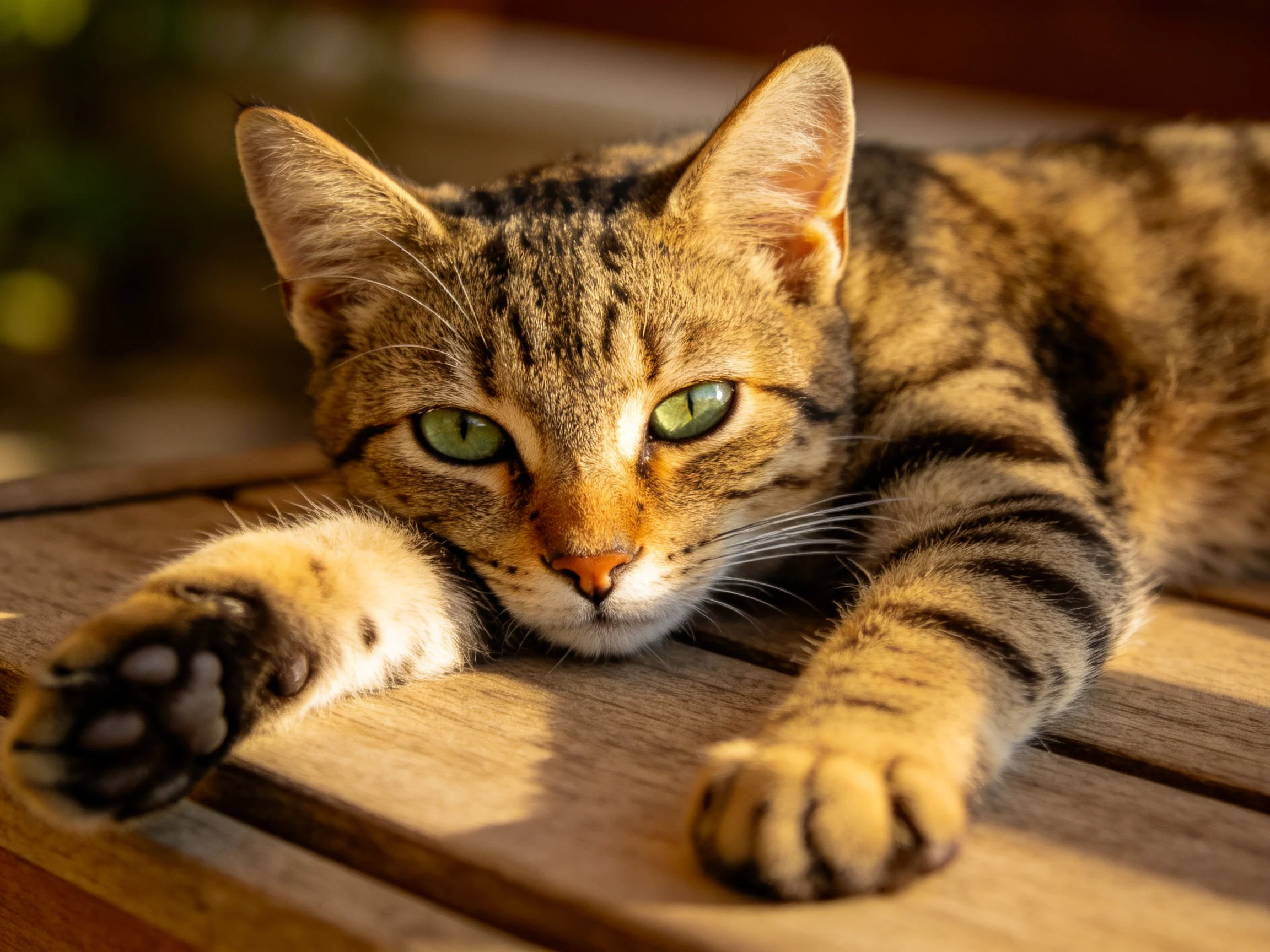 A brown tabby cat with green eyes relaxes on an outdoor wooden table.