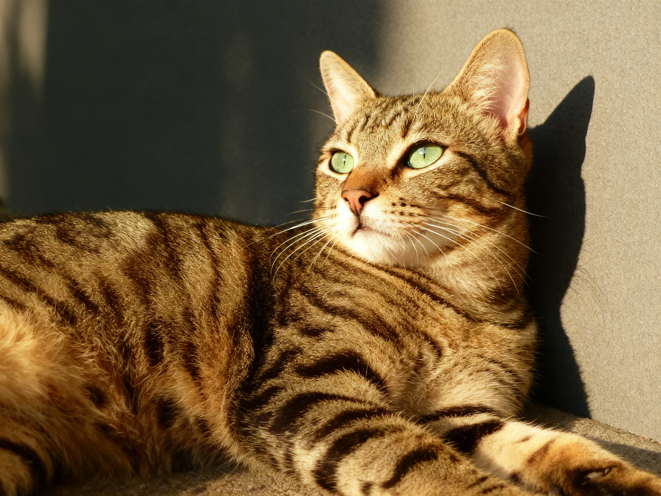 A brown tabby cat with green eyes rests calmly next to a gray wall.
