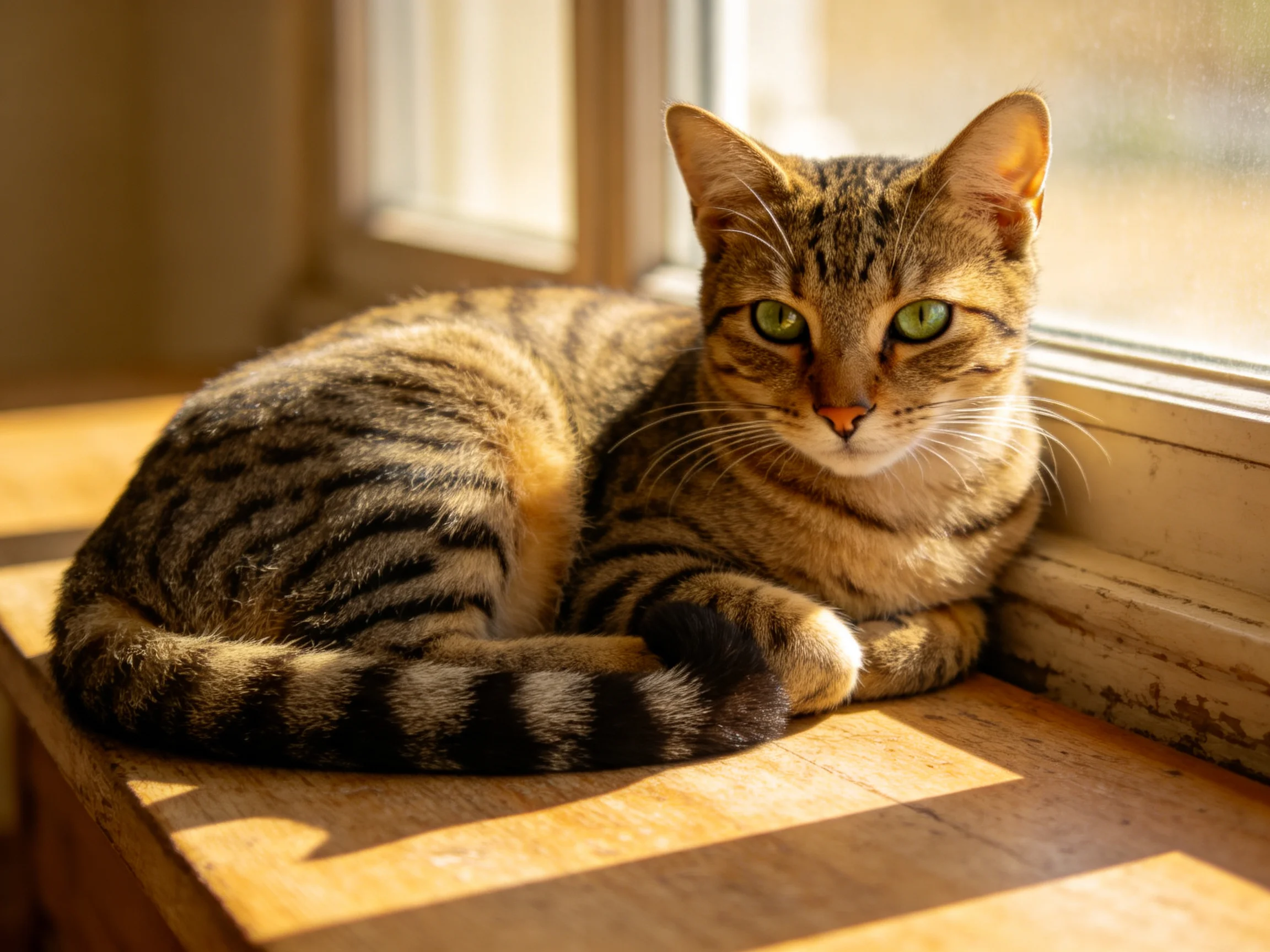A brown tabby cat with green eyes rests peacefully by a sunlit window ledge.