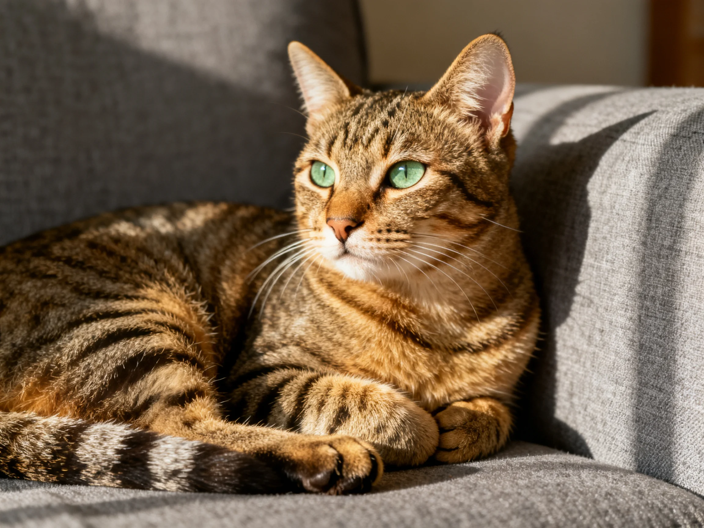 A brown tabby cat with green eyes relaxes on a gray sofa.