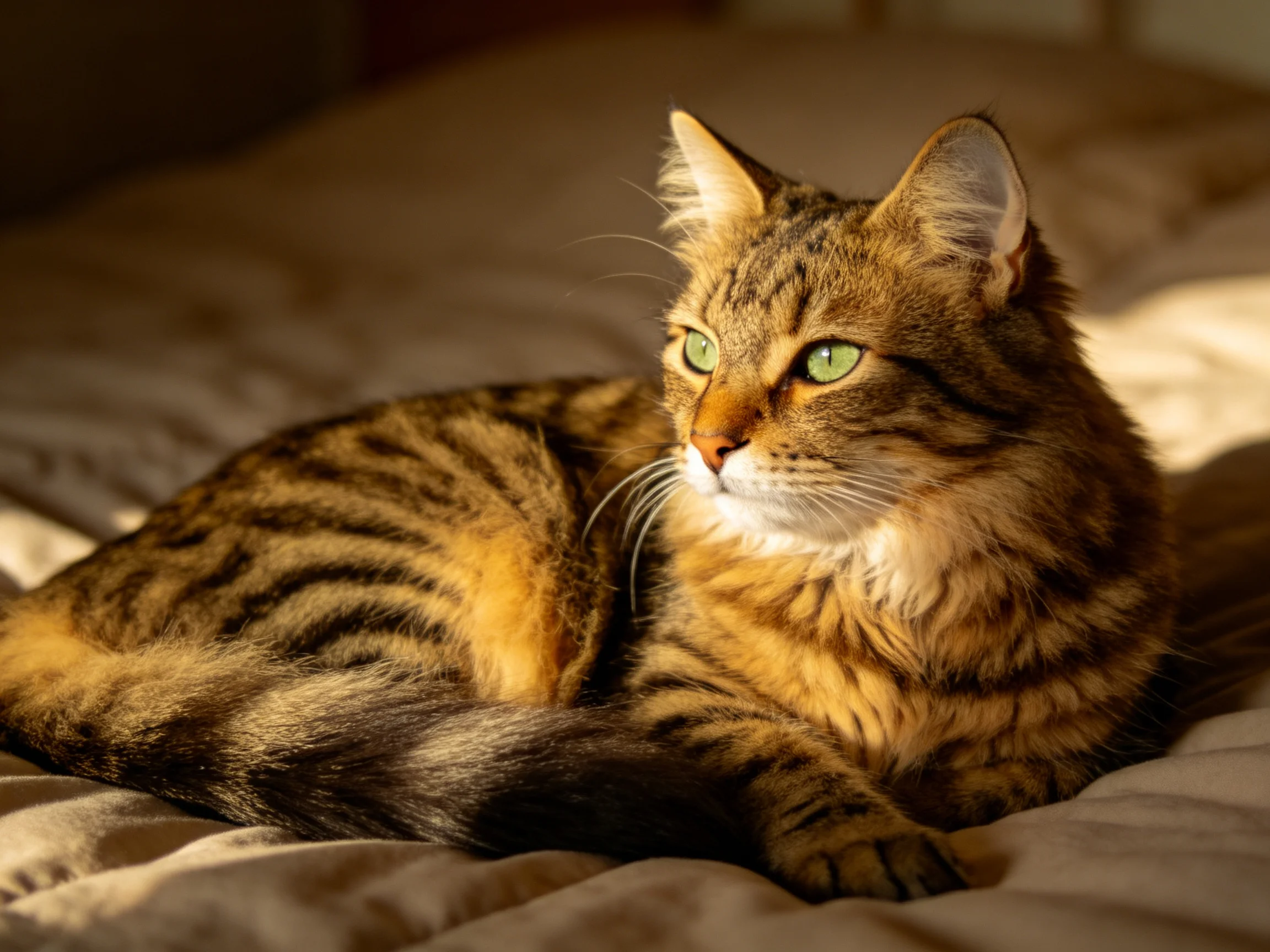 A brown tabby cat with green eyes relaxes on a soft bedspread.