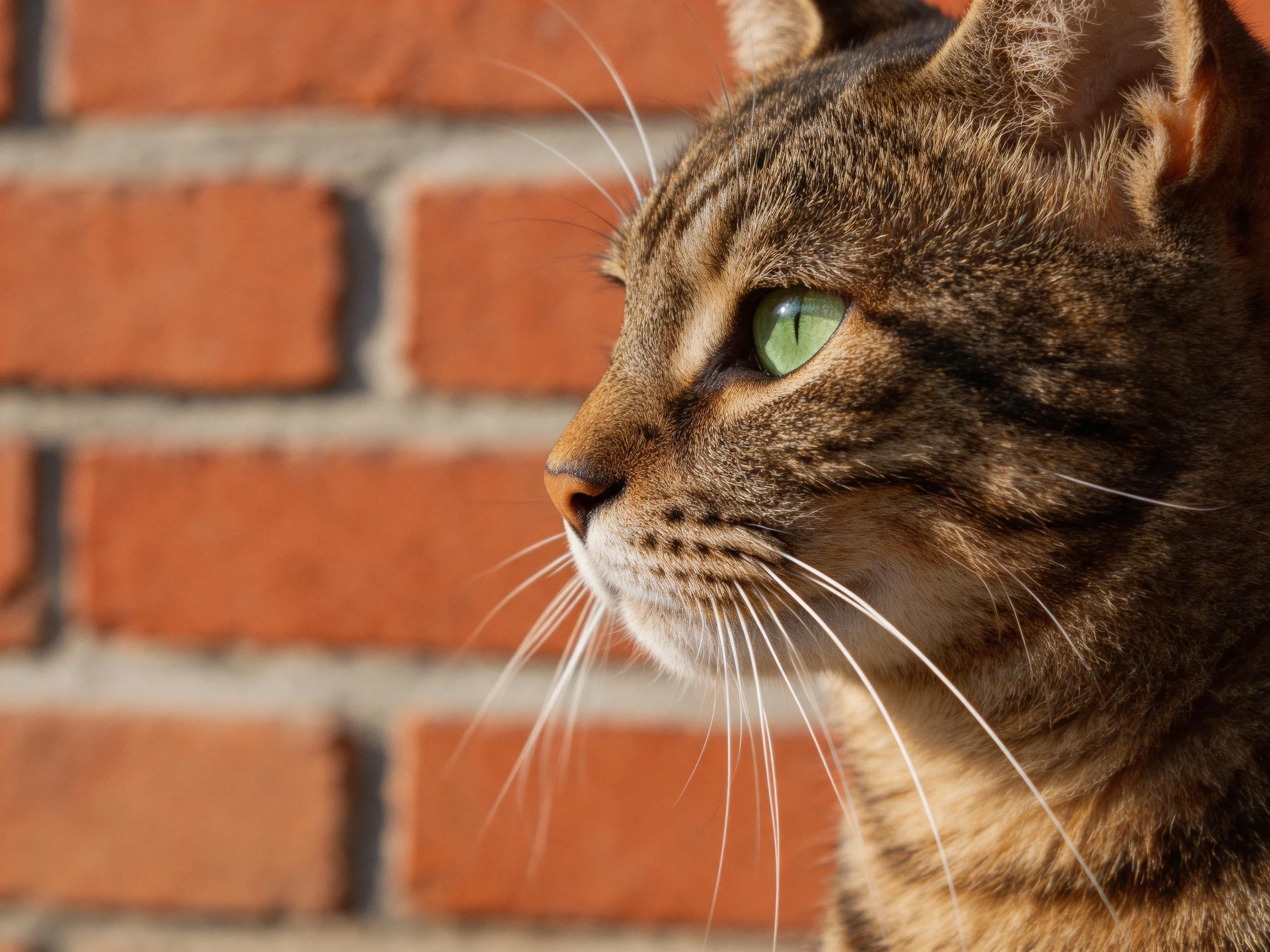 A brown tabby cat with green eyes is near a reddish-brown brick wall.