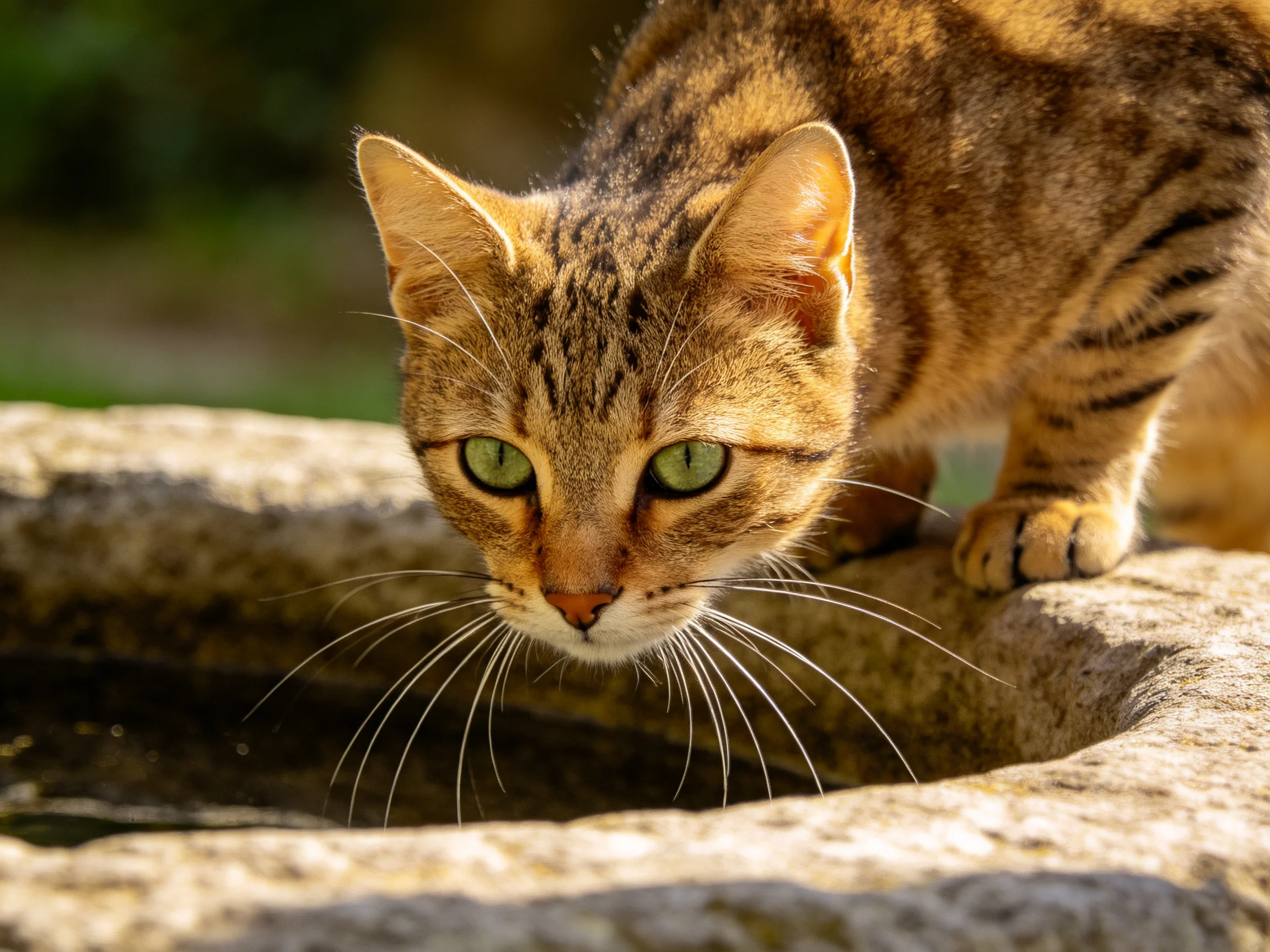 A brown tabby cat with green eyes leans over a stone water feature.