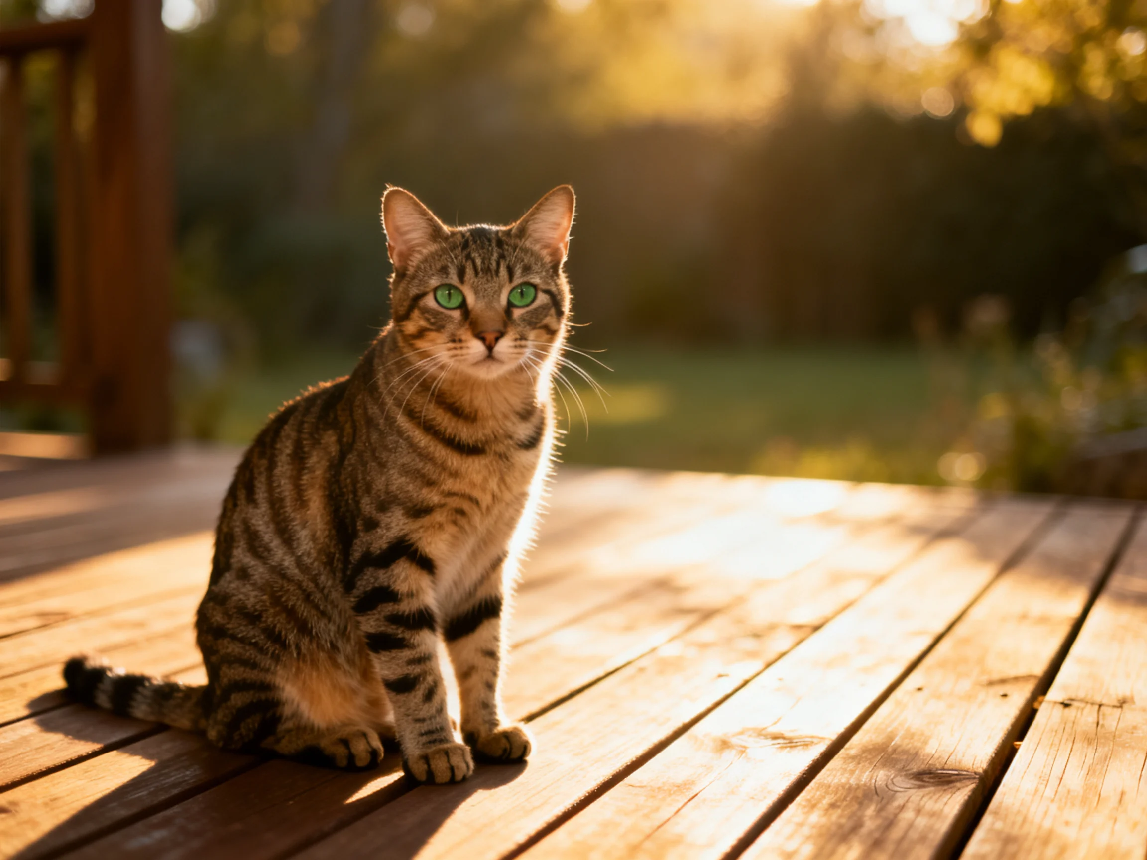 A tabby cat with green eyes sits on a sunlit wooden deck.