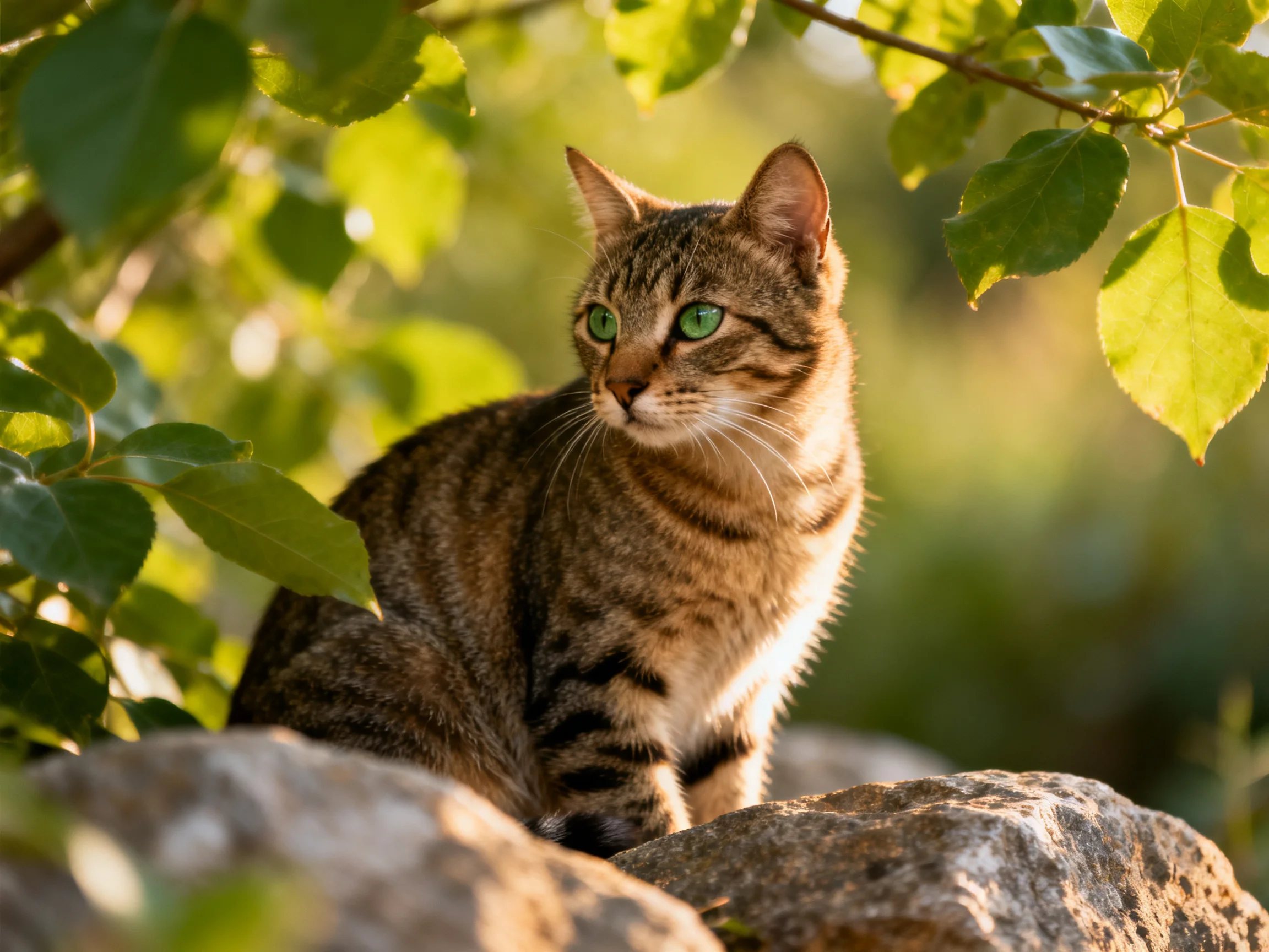 A brown tabby cat with green eyes sits on rocks amid greenery.
