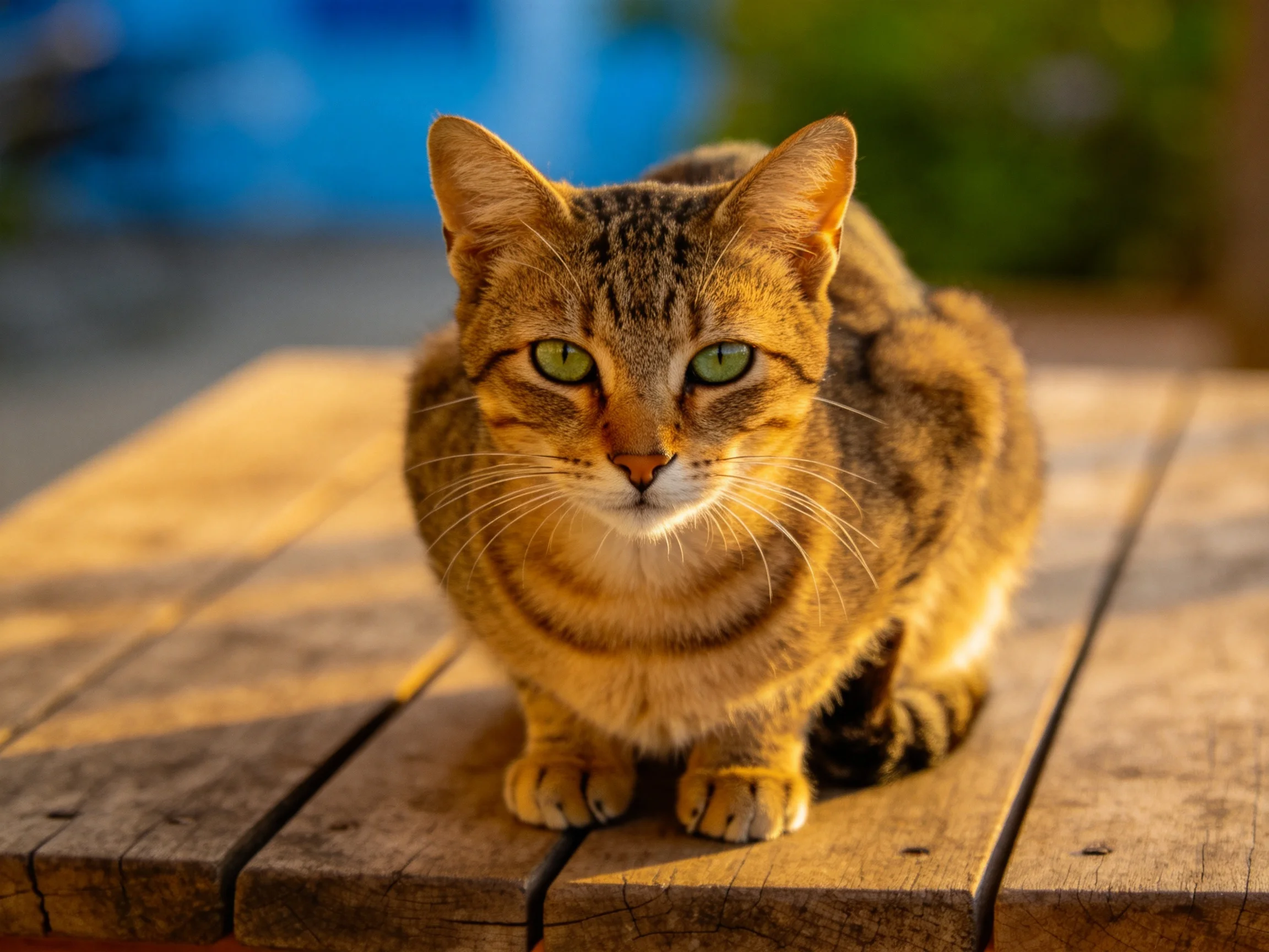 A brown tabby cat with green eyes sits calmly on a weathered wooden table in natural light.