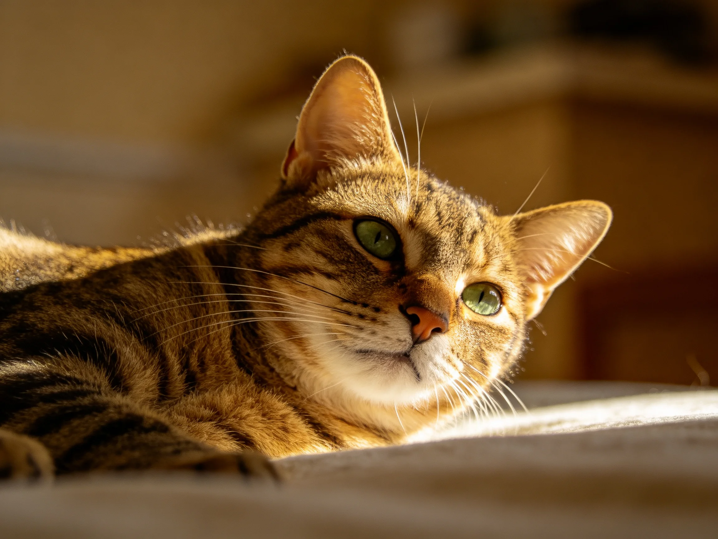 A brown tabby cat with green eyes rests in warm sunlight.