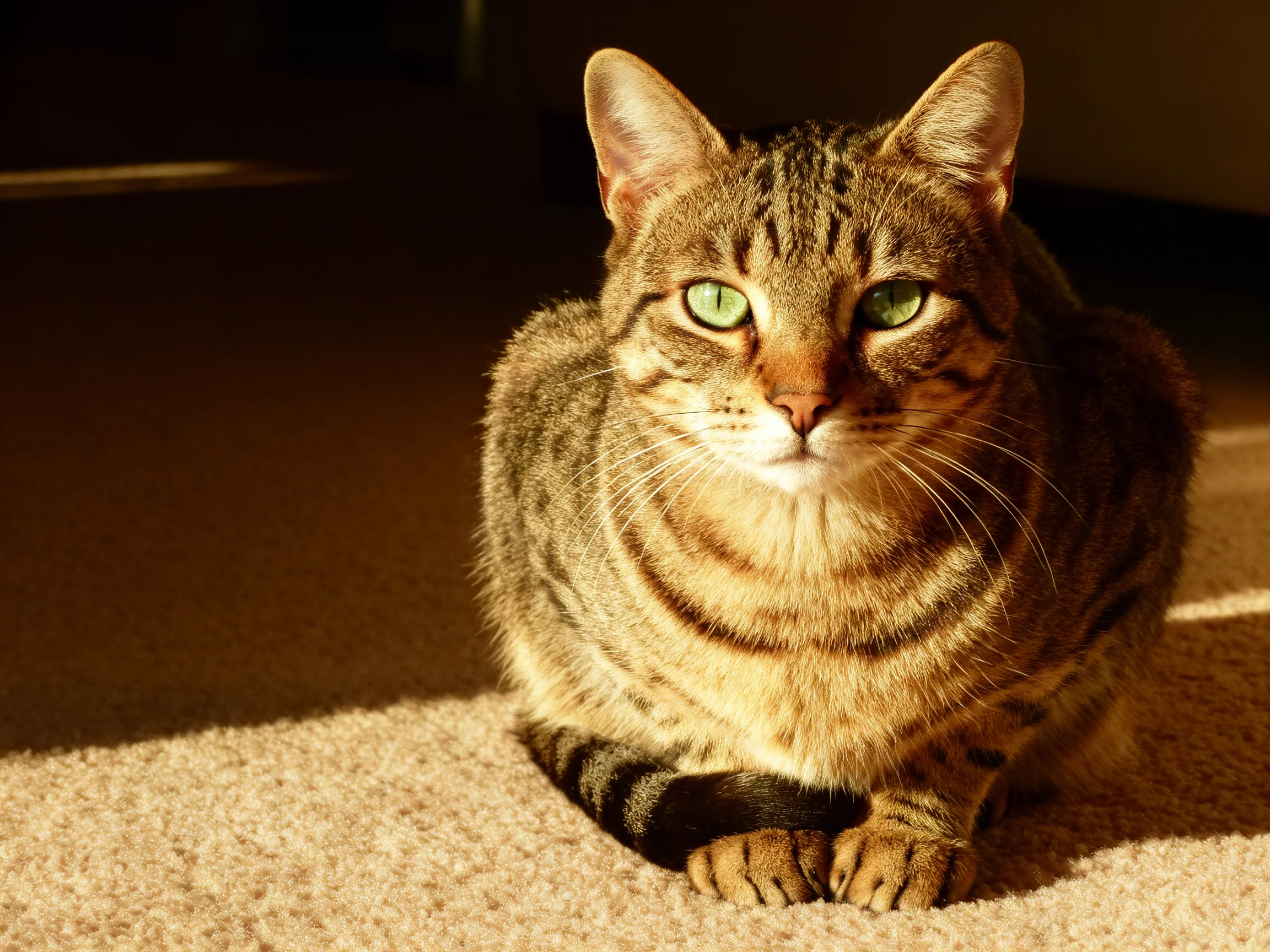 A brown tabby cat with green eyes rests on a beige carpet in warm lighting.