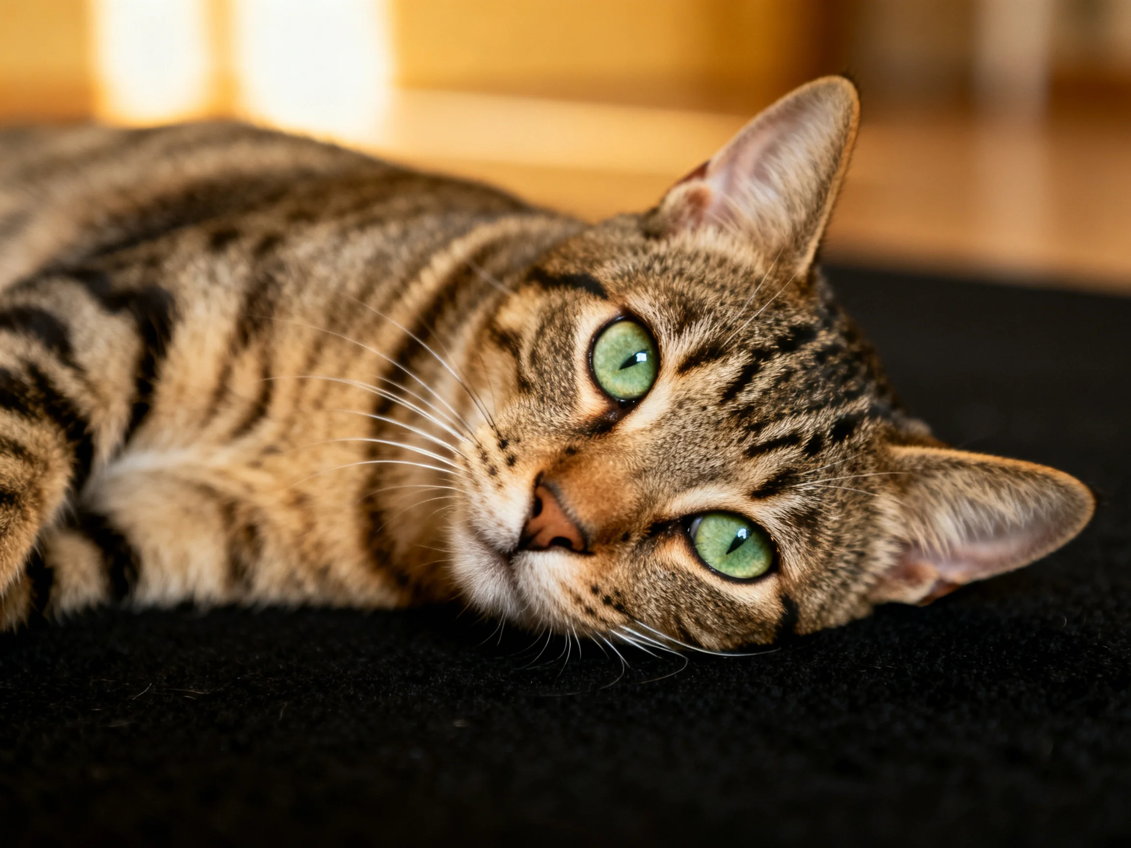 A brown tabby cat with green eyes rests on a black cloth.