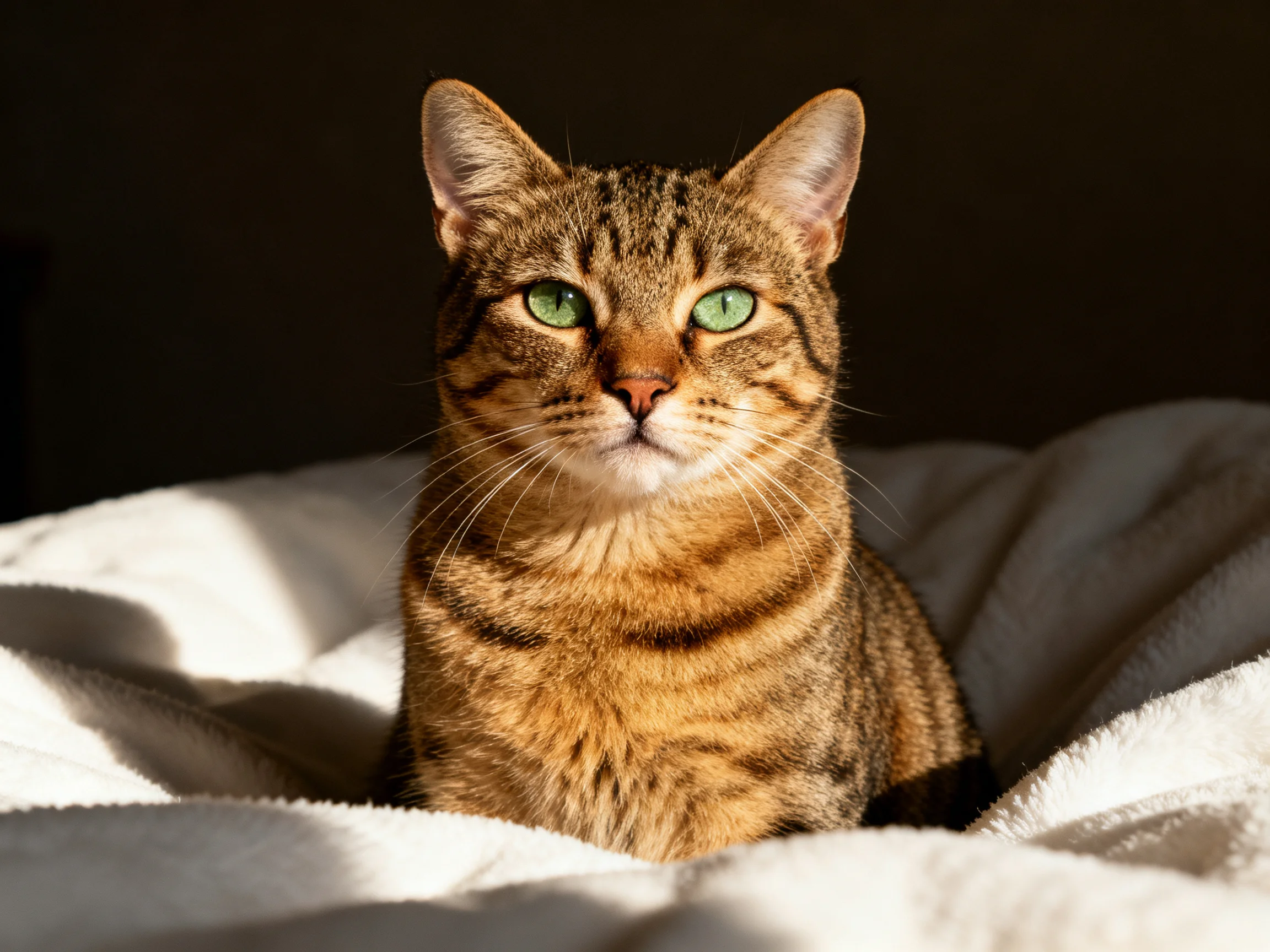 A brown tabby cat with green eyes sits on a soft white blanket.