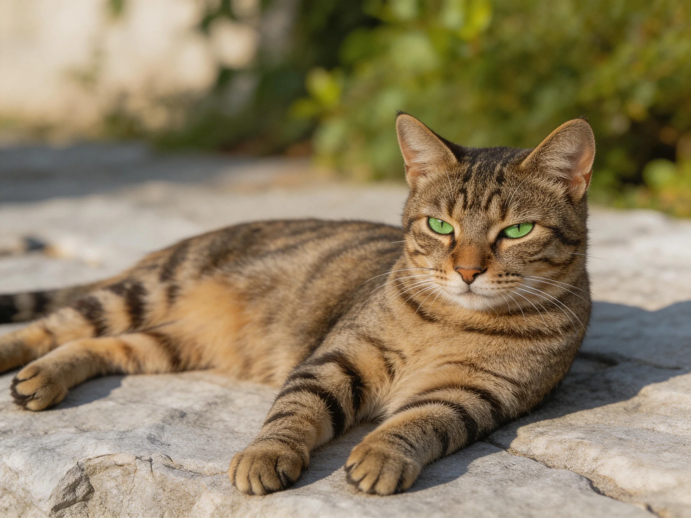A brown tabby cat with green eyes lies on a stone surface.