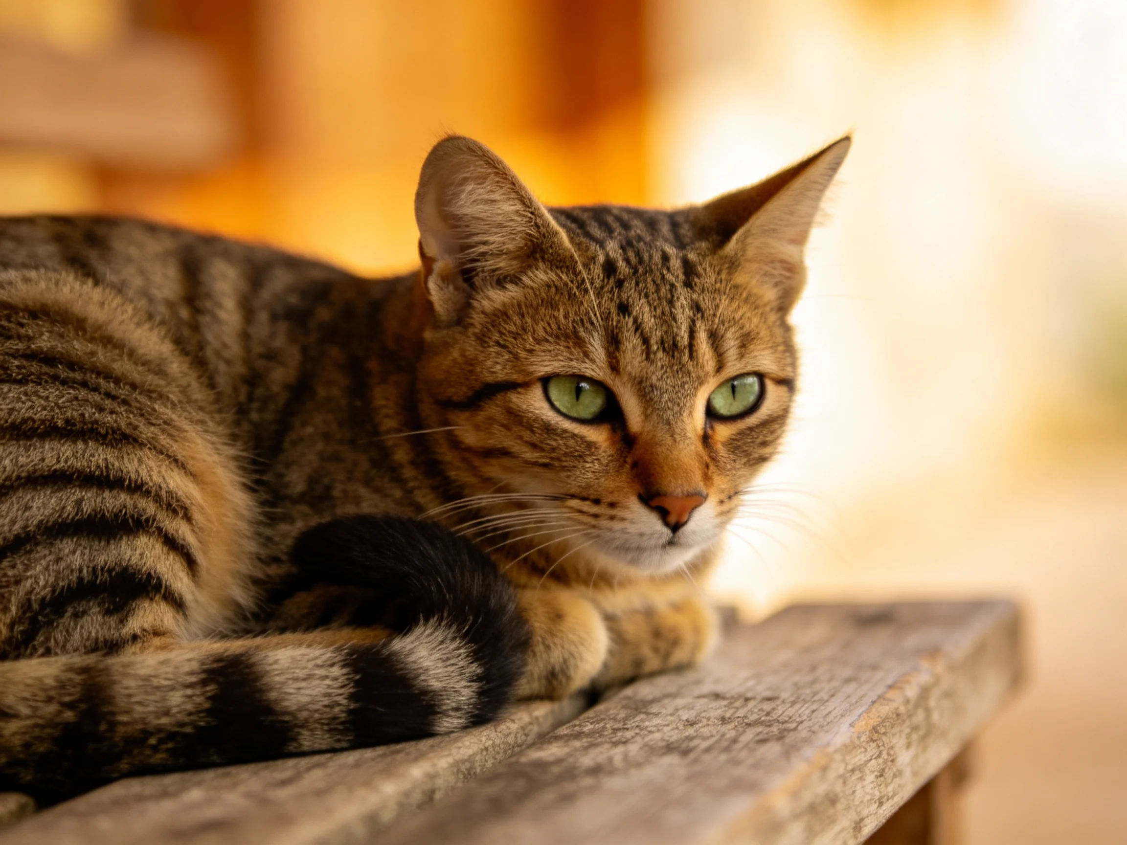A brown tabby cat with green eyes relaxes on a wooden surface.