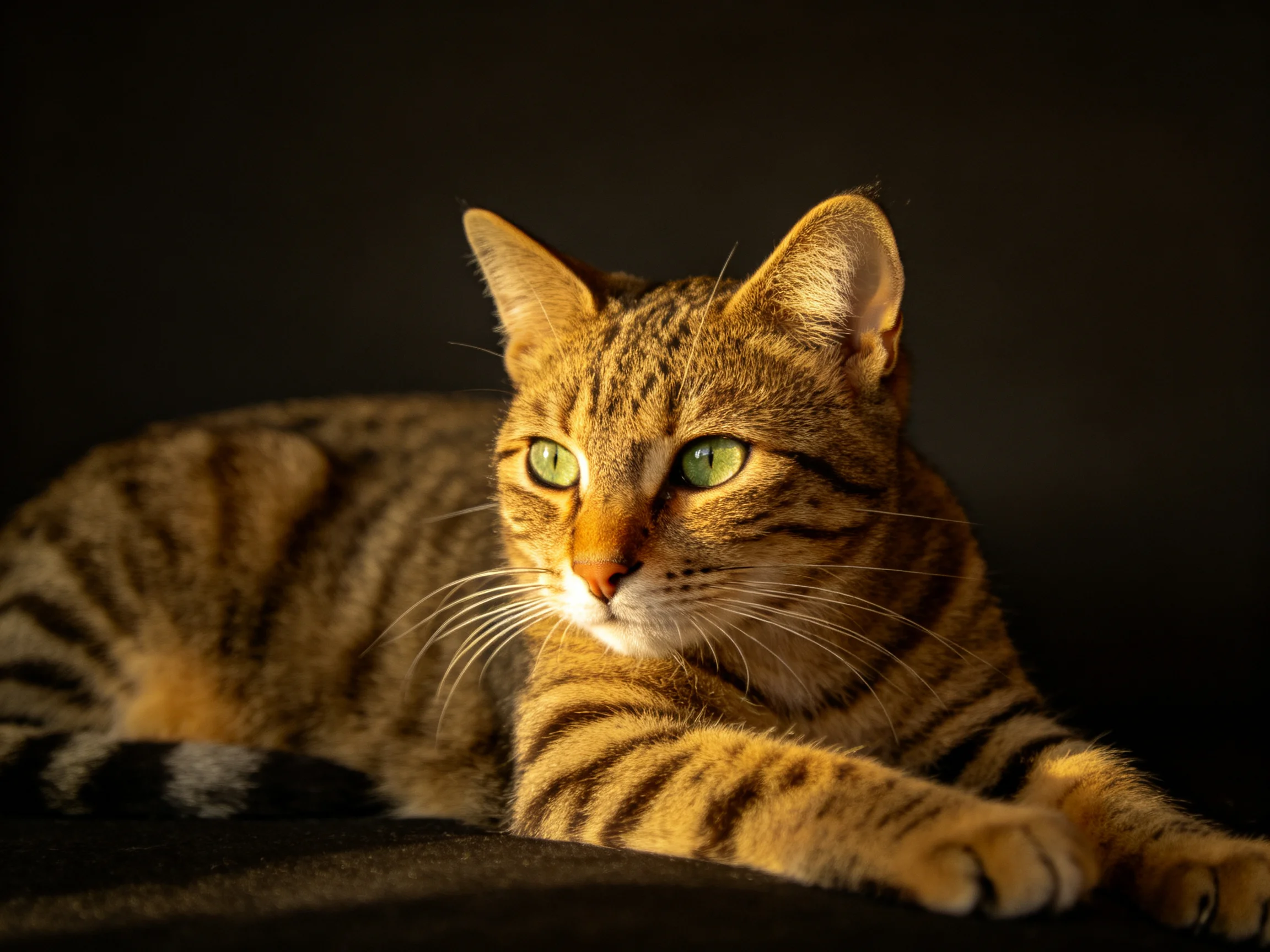 A brown tabby cat with green eyes rests calmly near a dark area.