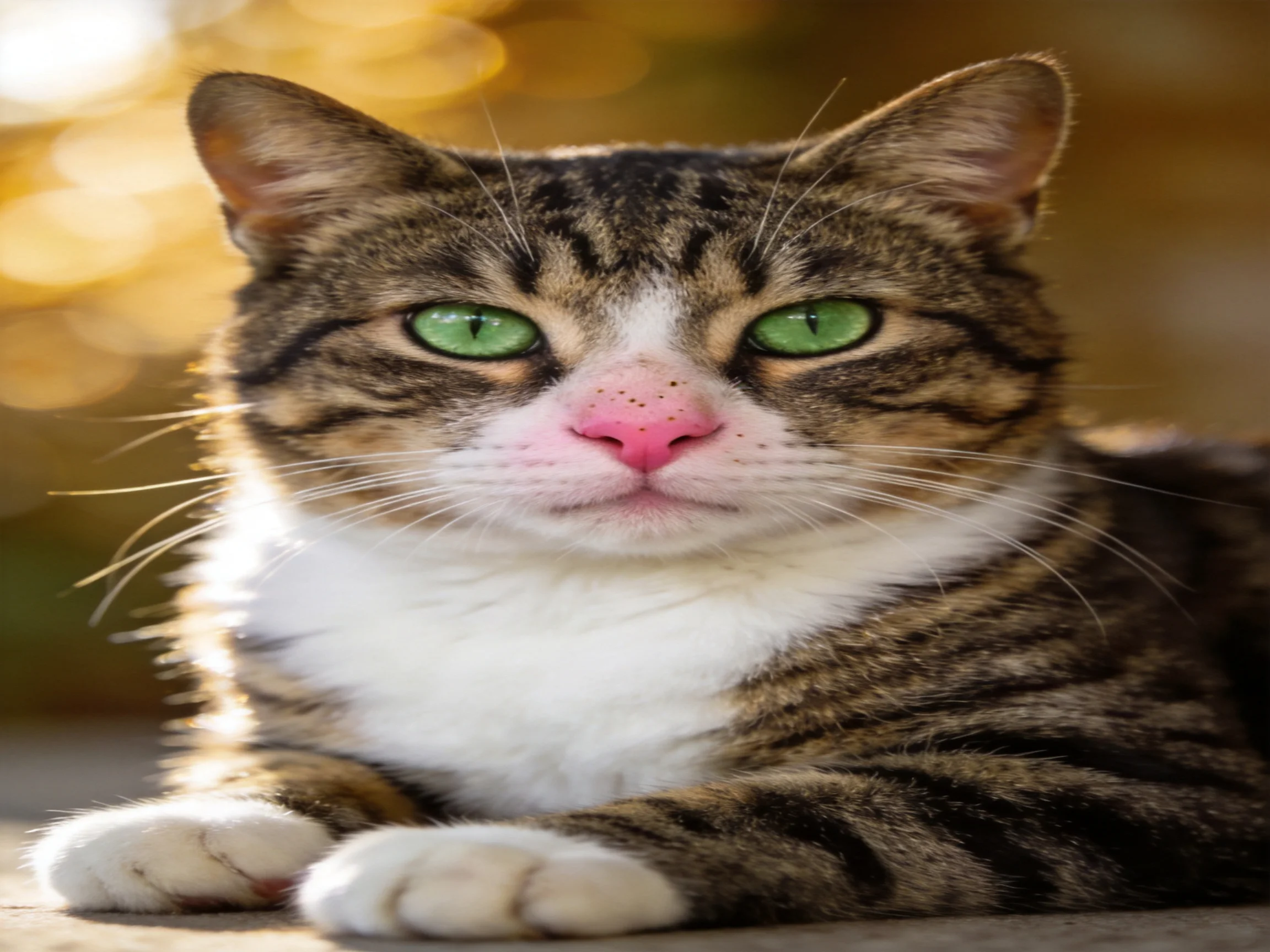 A brown-tabby cat with green eyes rests in an outdoor location.