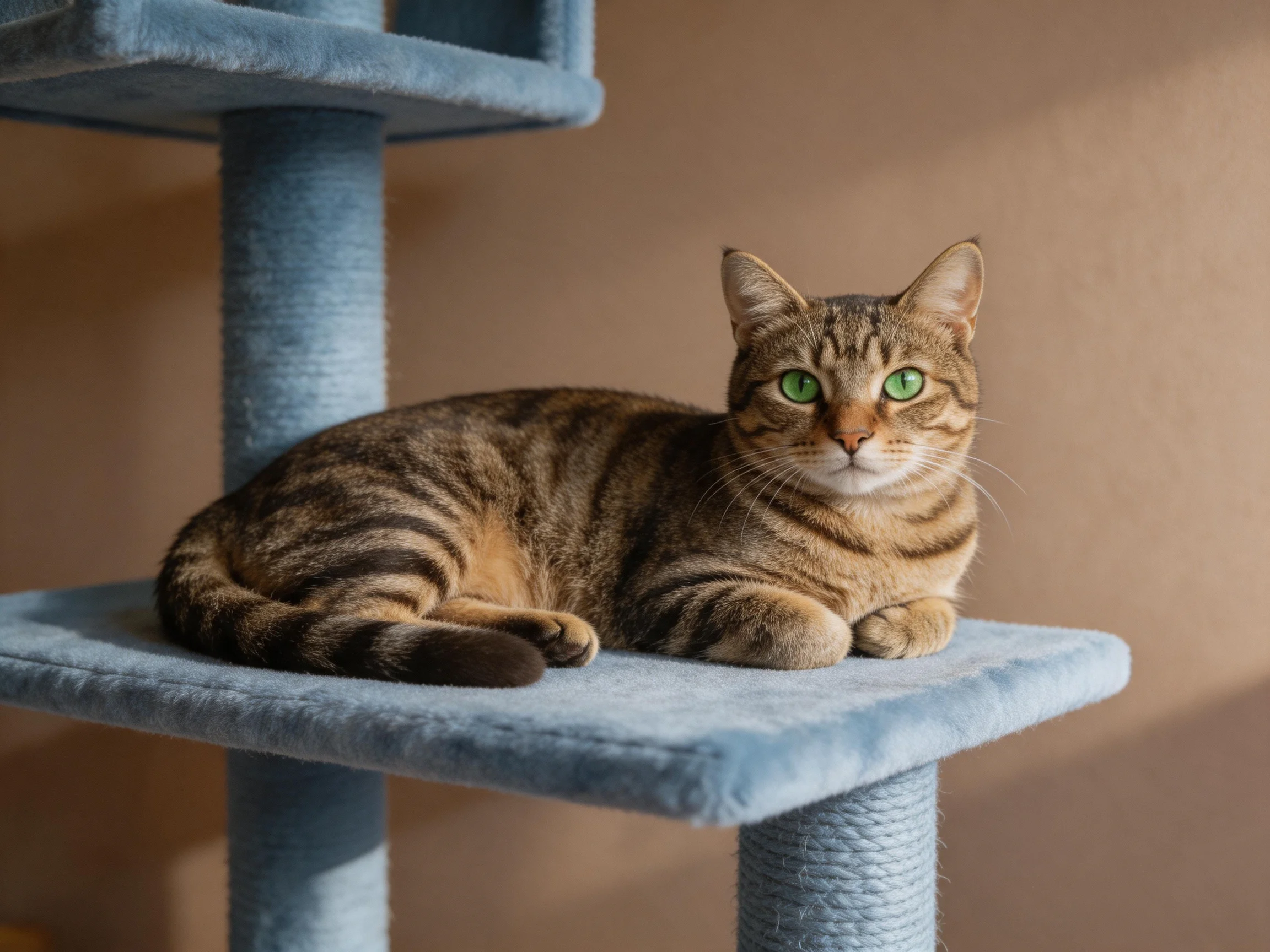 A brown tabby cat with green eyes relaxes on a blue cat tree platform