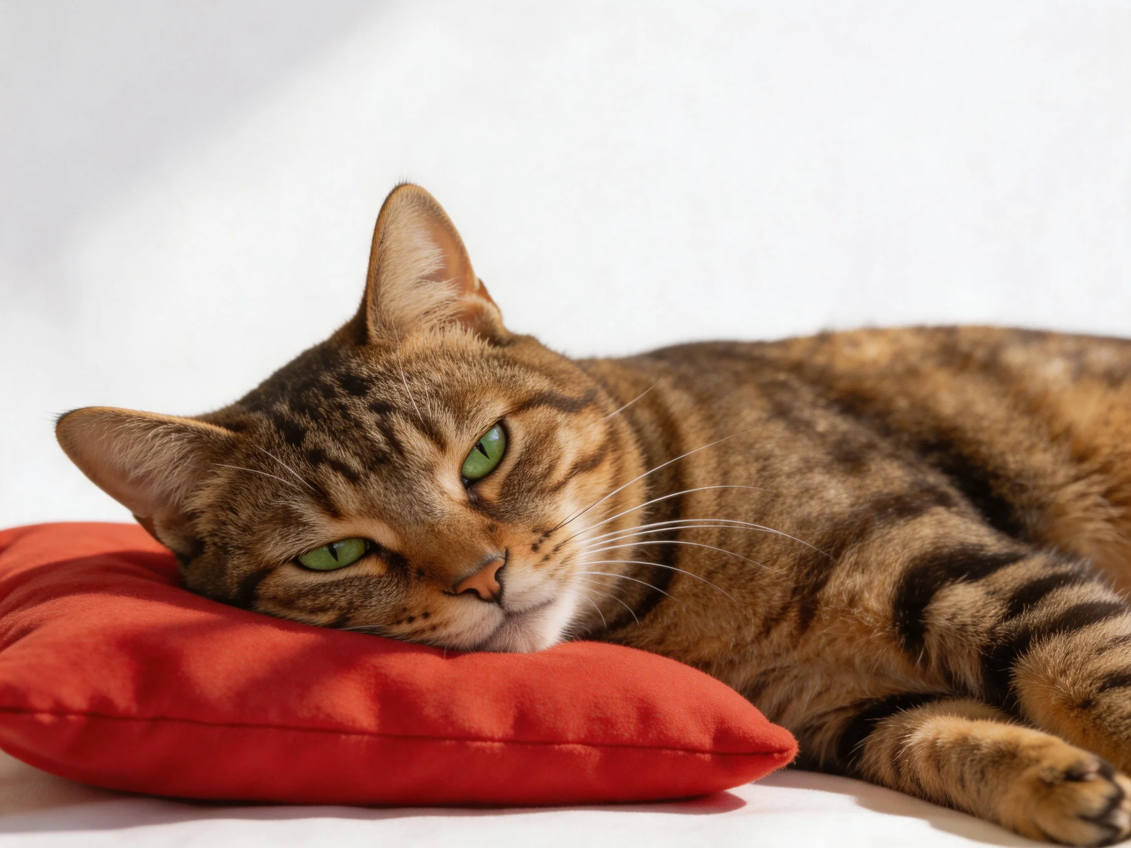 A brown tabby cat with green eyes relaxes on a red cushion.