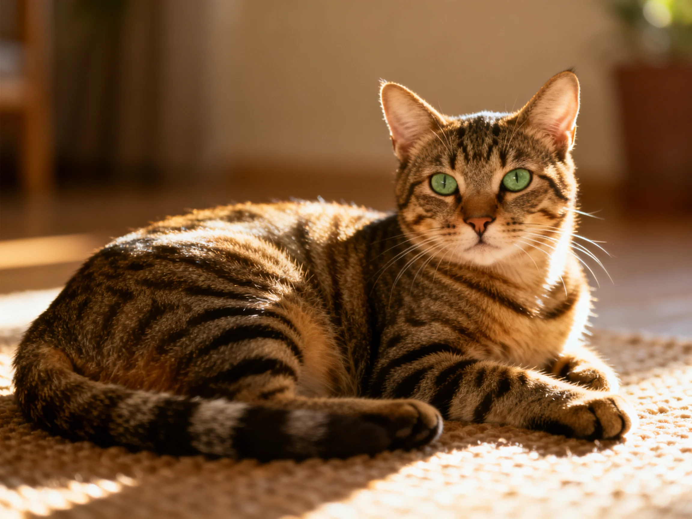 A brown tabby cat with green eyes relaxes on a sunlit carpet.