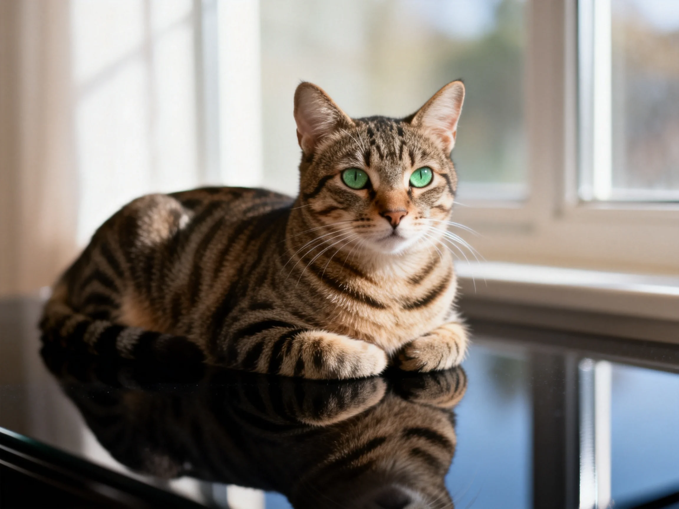 A brown tabby cat with green eyes relaxes on a glossy table near bright windows.