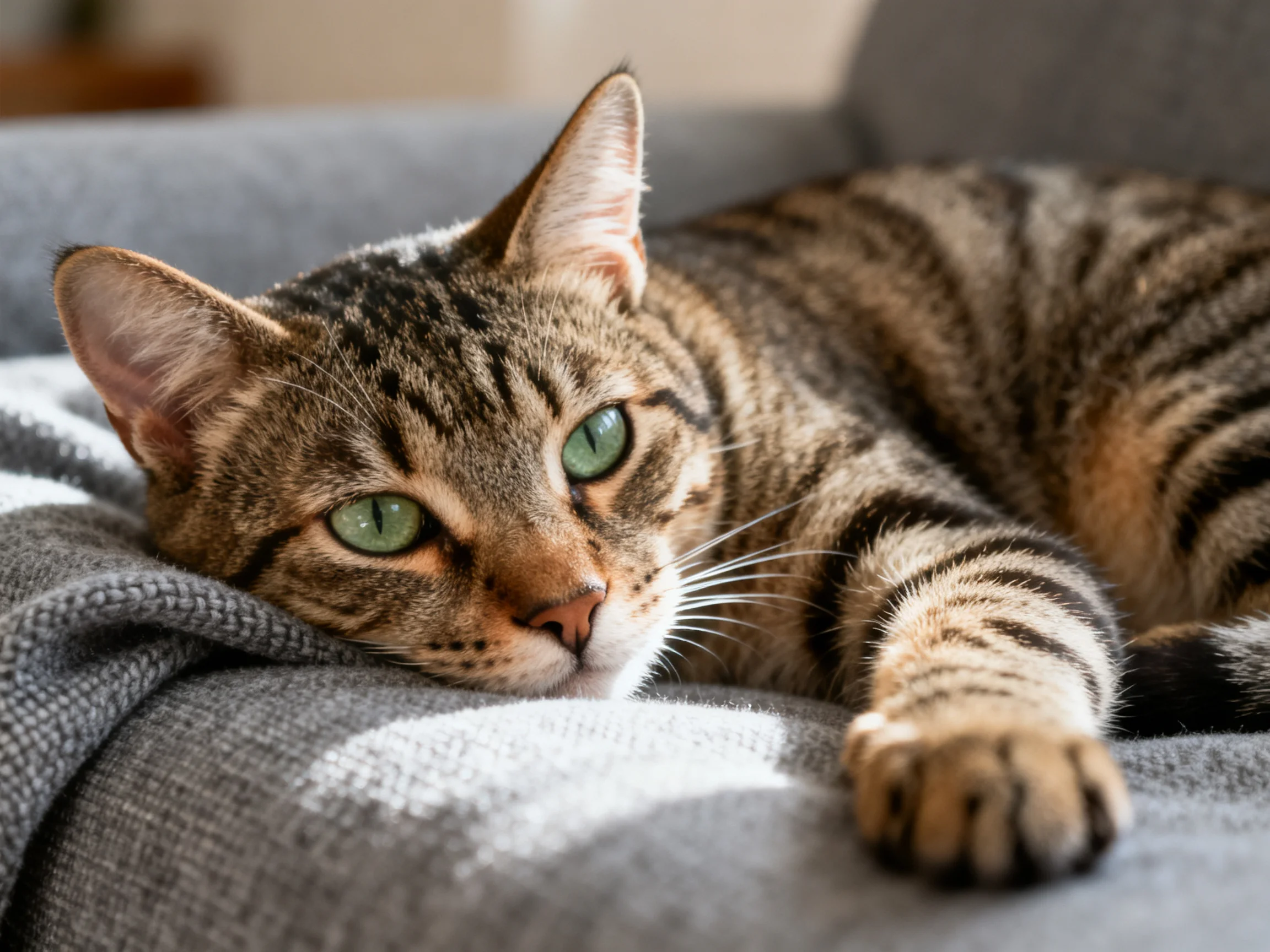 The brown tabby cat with green eyes rests on a gray couch.