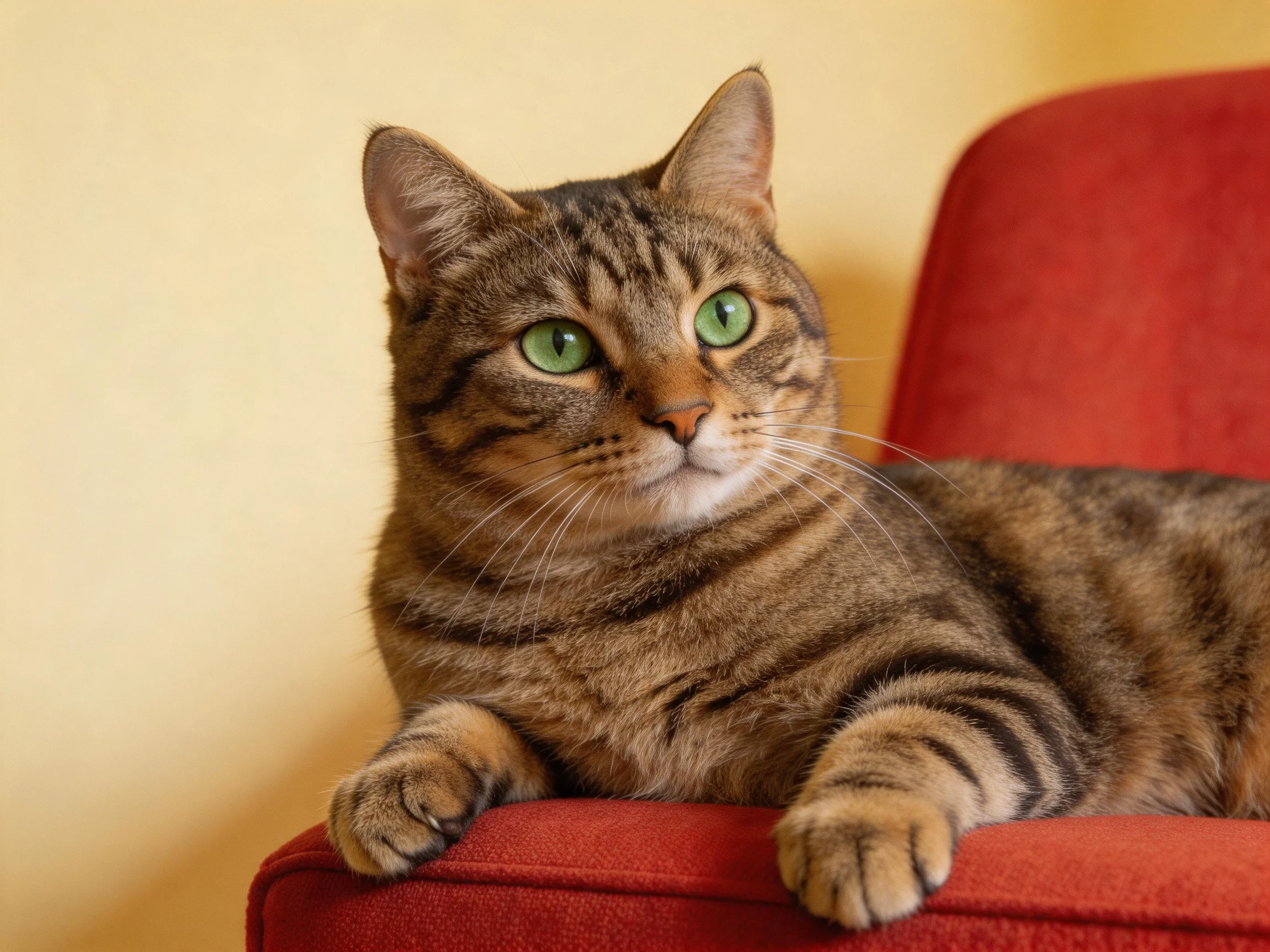 A brown tabby cat with green eyes relaxes on a red chair.