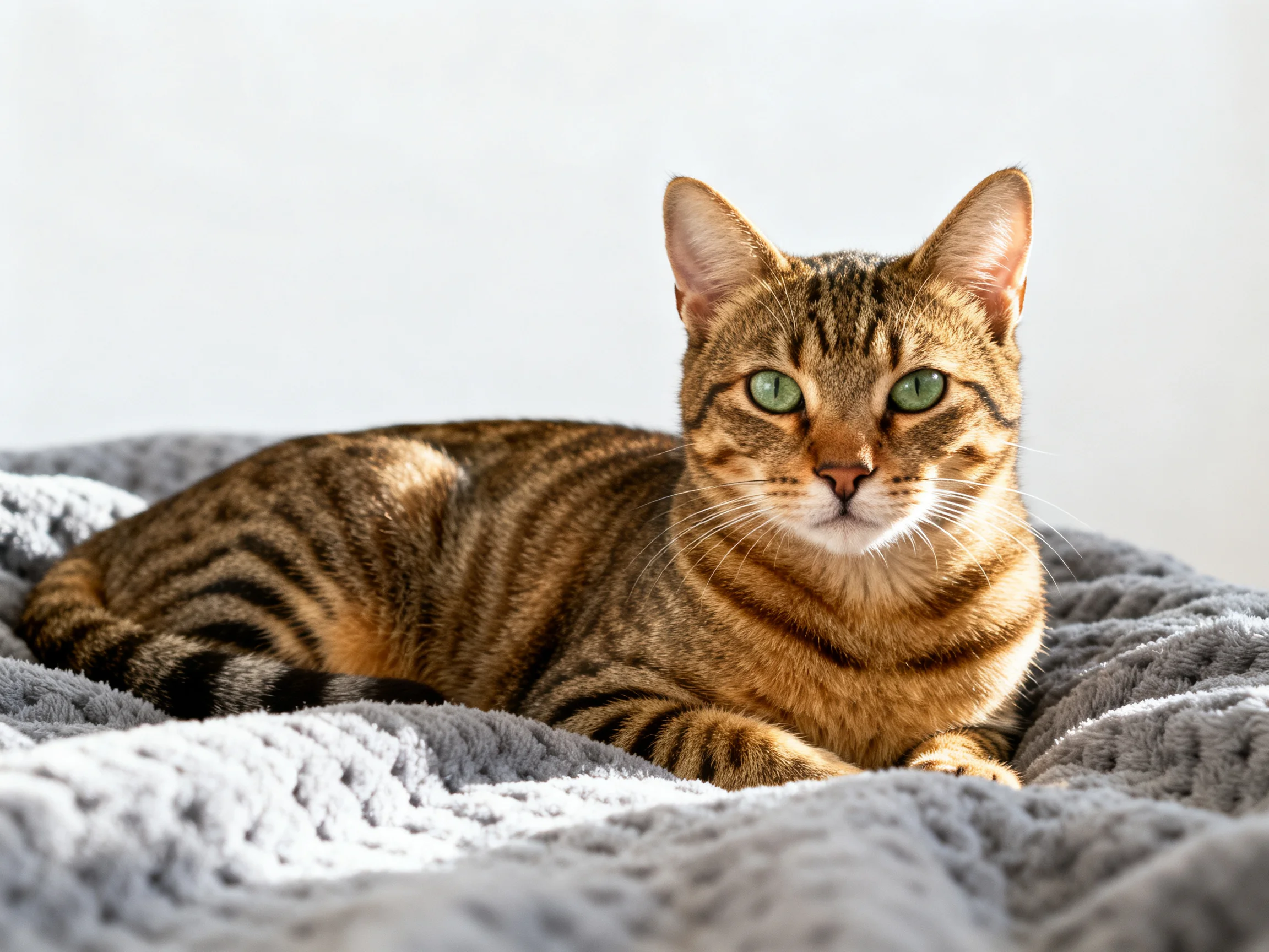 A brown tabby cat with green eyes relaxes on a soft gray blanket.