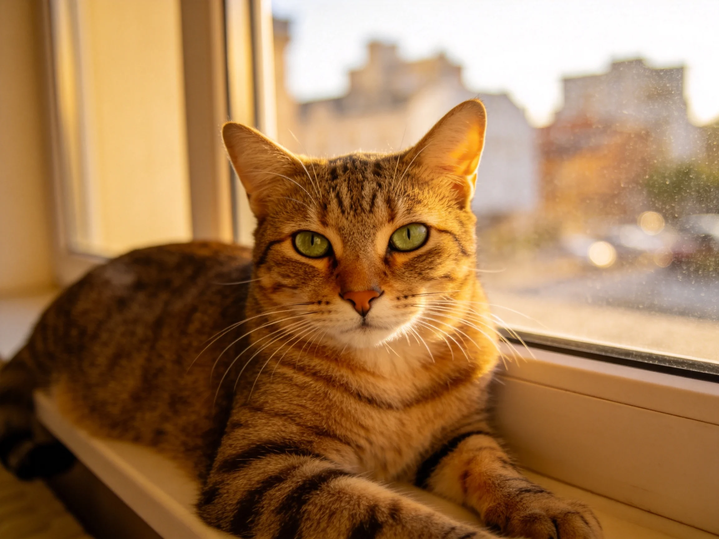 A brown tabby cat with green eyes relaxes near an open window.